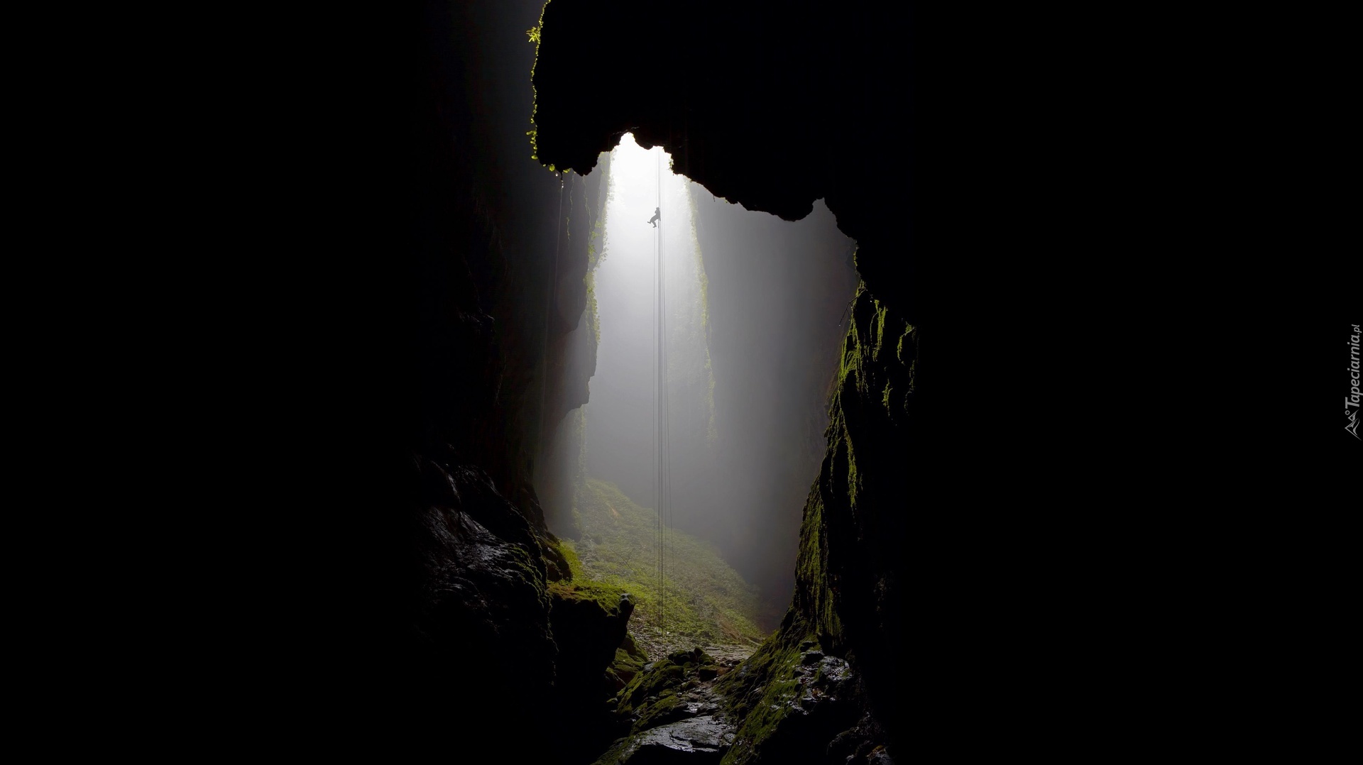 Meksyk, Cave of Swallows, Jaskinia Jaskółek, Speleolog, Liny, Półmrok, Przebijające światło