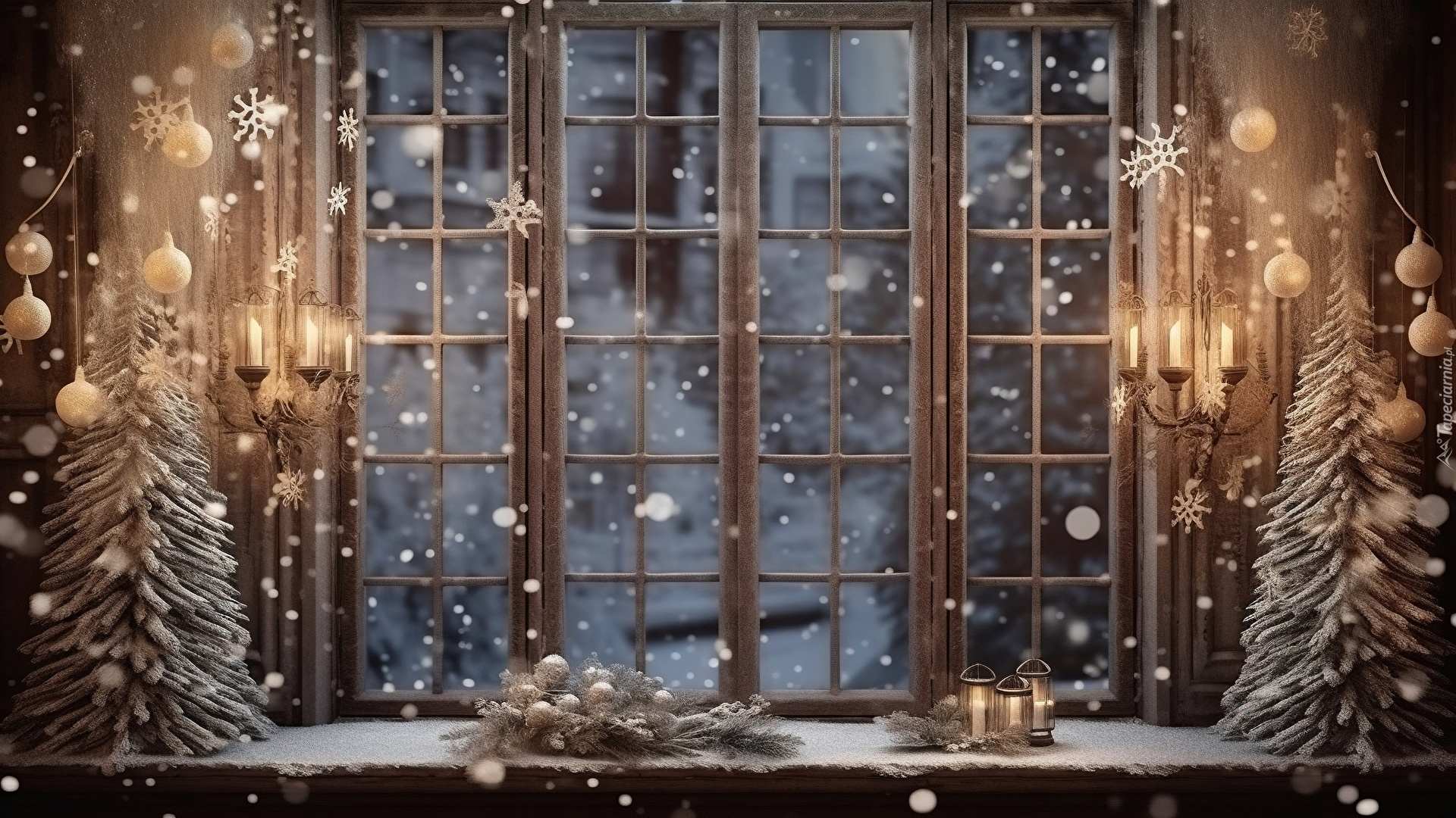 Okno, Śnieżynki, Świece, Gałązki, Choinki, Zima, Boże Narodzenie