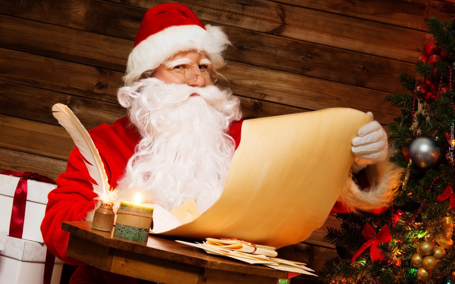 Boże Narodzenie, Święty Mikołaj, Papier, Prezenty, Choinka, Pióro,  Świeca