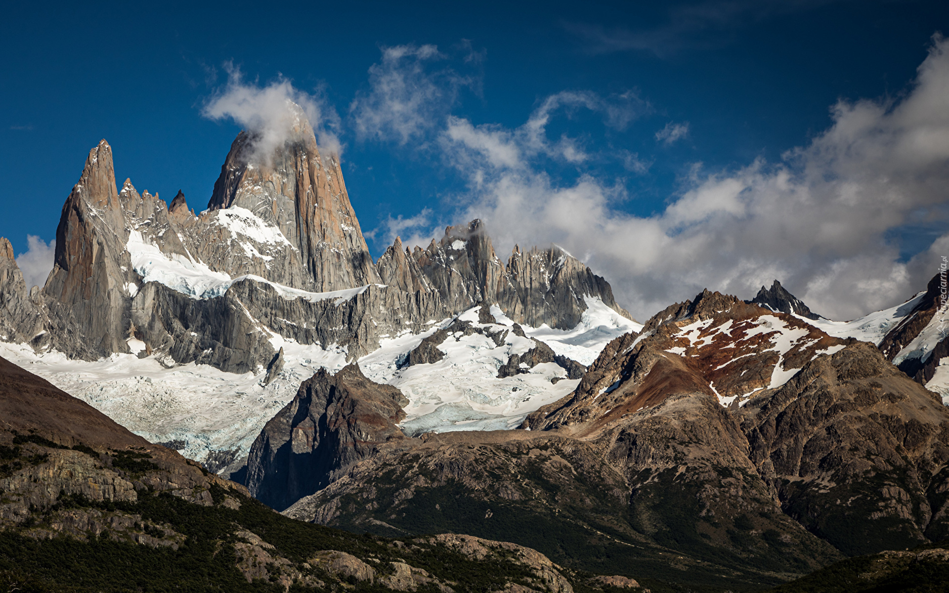 Góry, Szczyt, Fitz Roy, Zima, Skały, Park Narodowy Los Glaciares, Patagonia, Argentyna