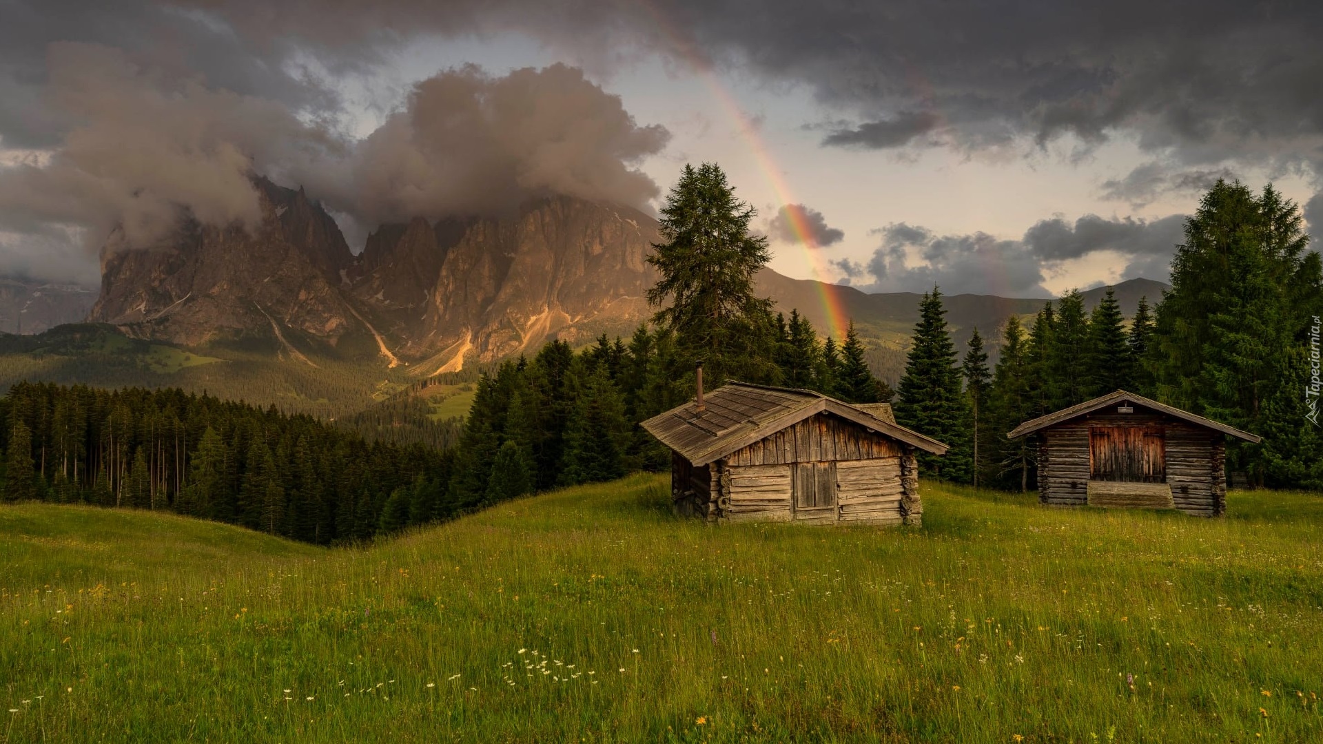 Góry, Góra Peitlerkofel, Dolomity, Drzewa, Szopa, Tęcza Chmury, Południowy Tyrol, Włochy