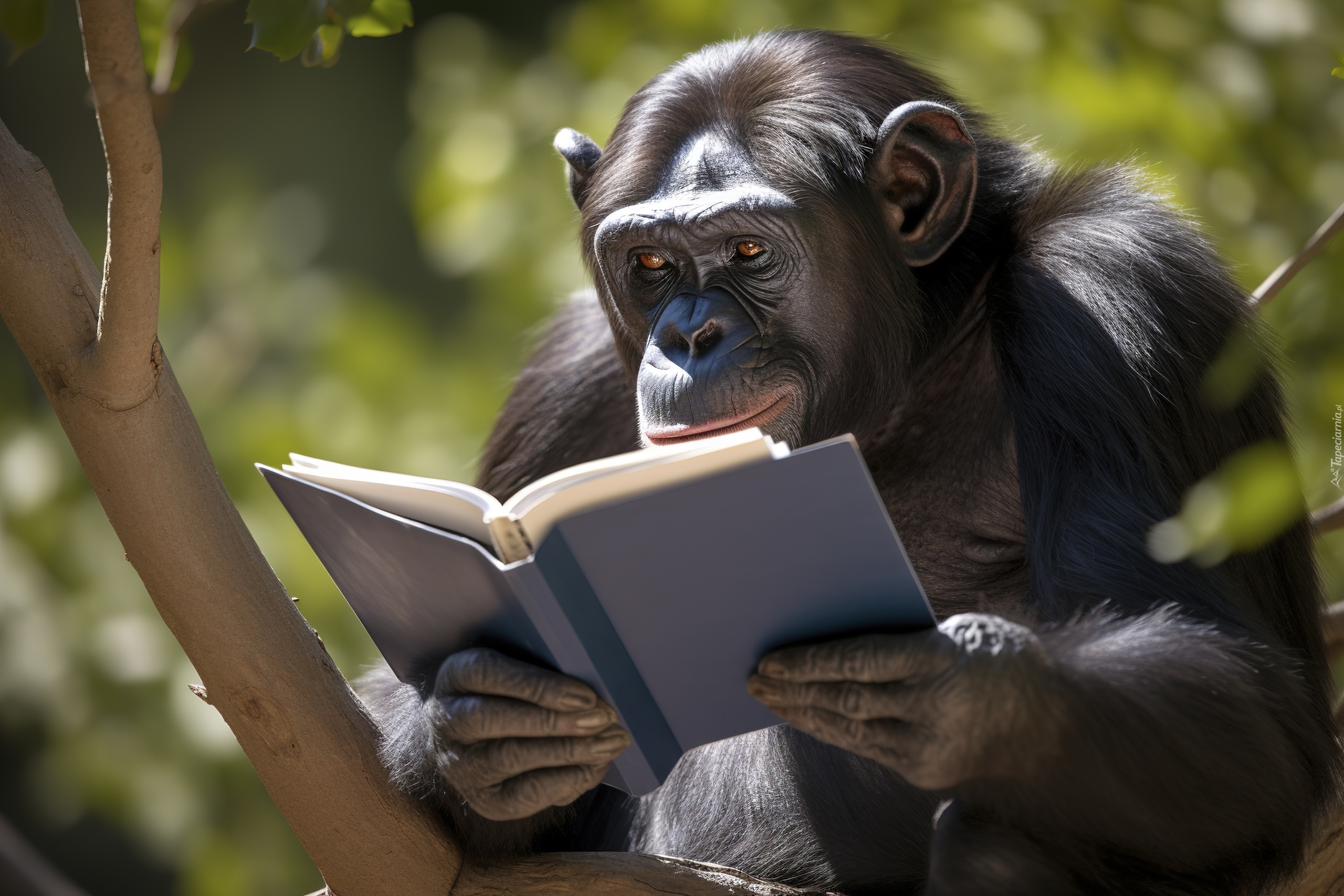 Szympans, Małpa, Książka, Drzewo