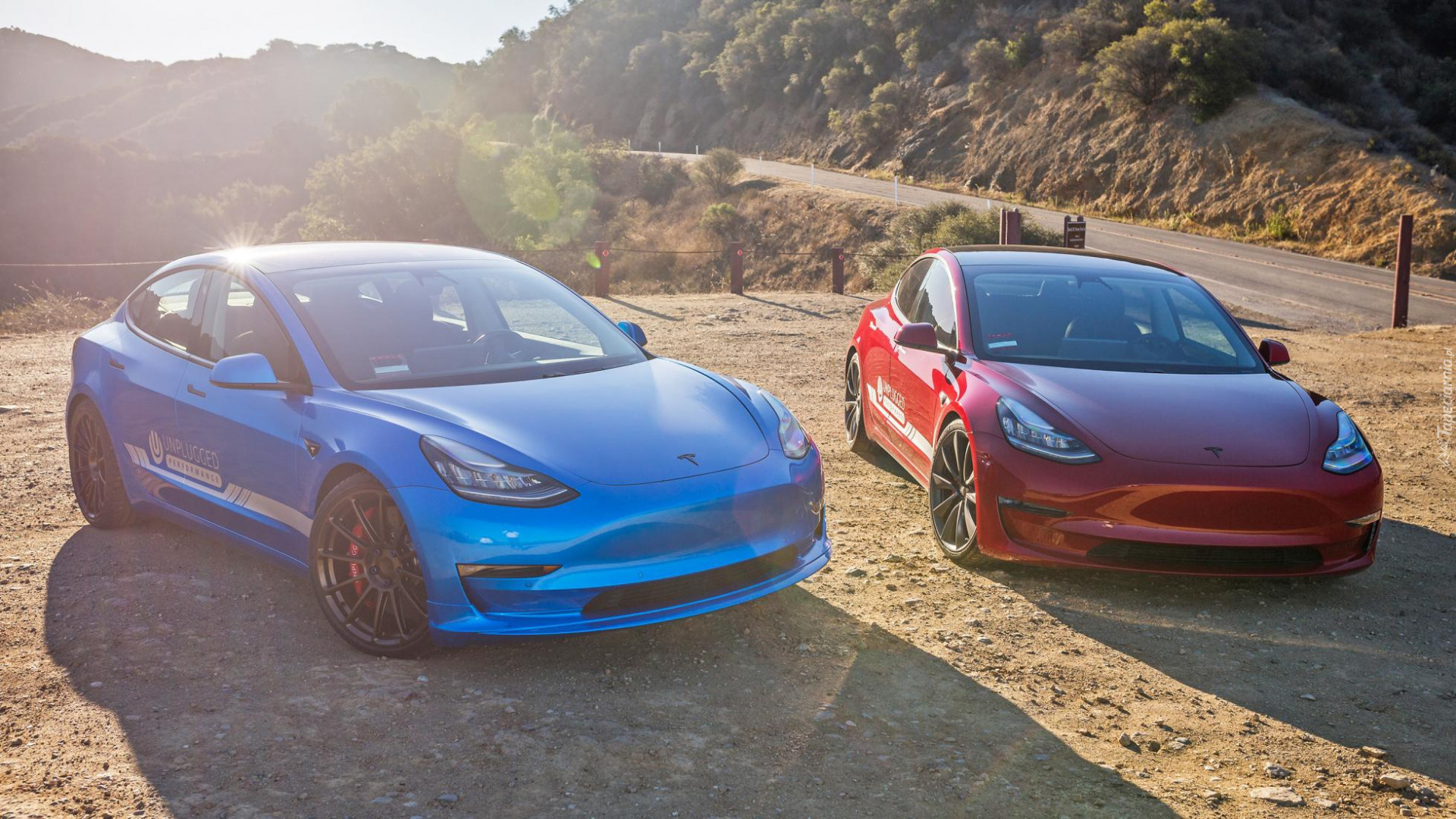 Dwa, Samochody, Czerwona, Niebieska, Tesla Model 3