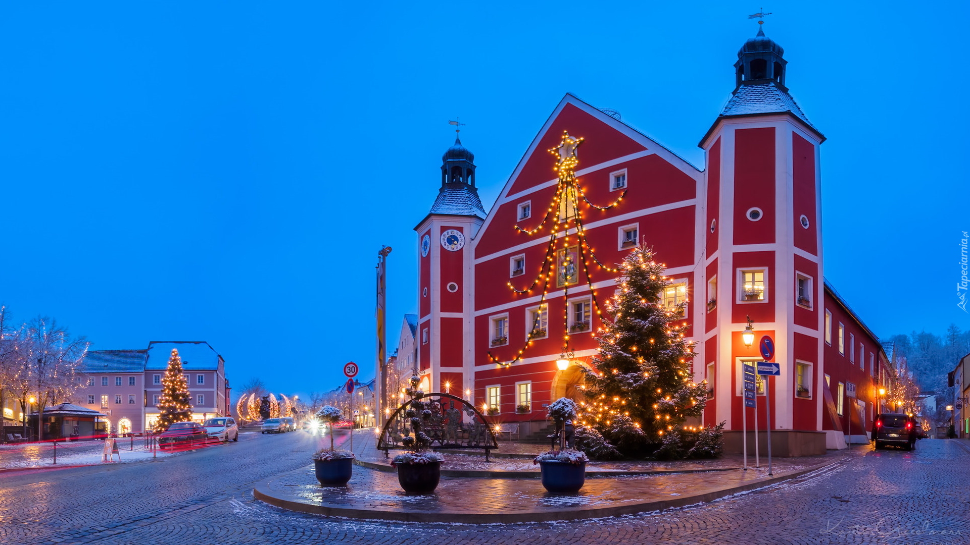Budynek, Dom, Ratusz, Boże Narodzenie, Choinki, Ulica, Burglengenfeld, Bawaria, Niemcy
