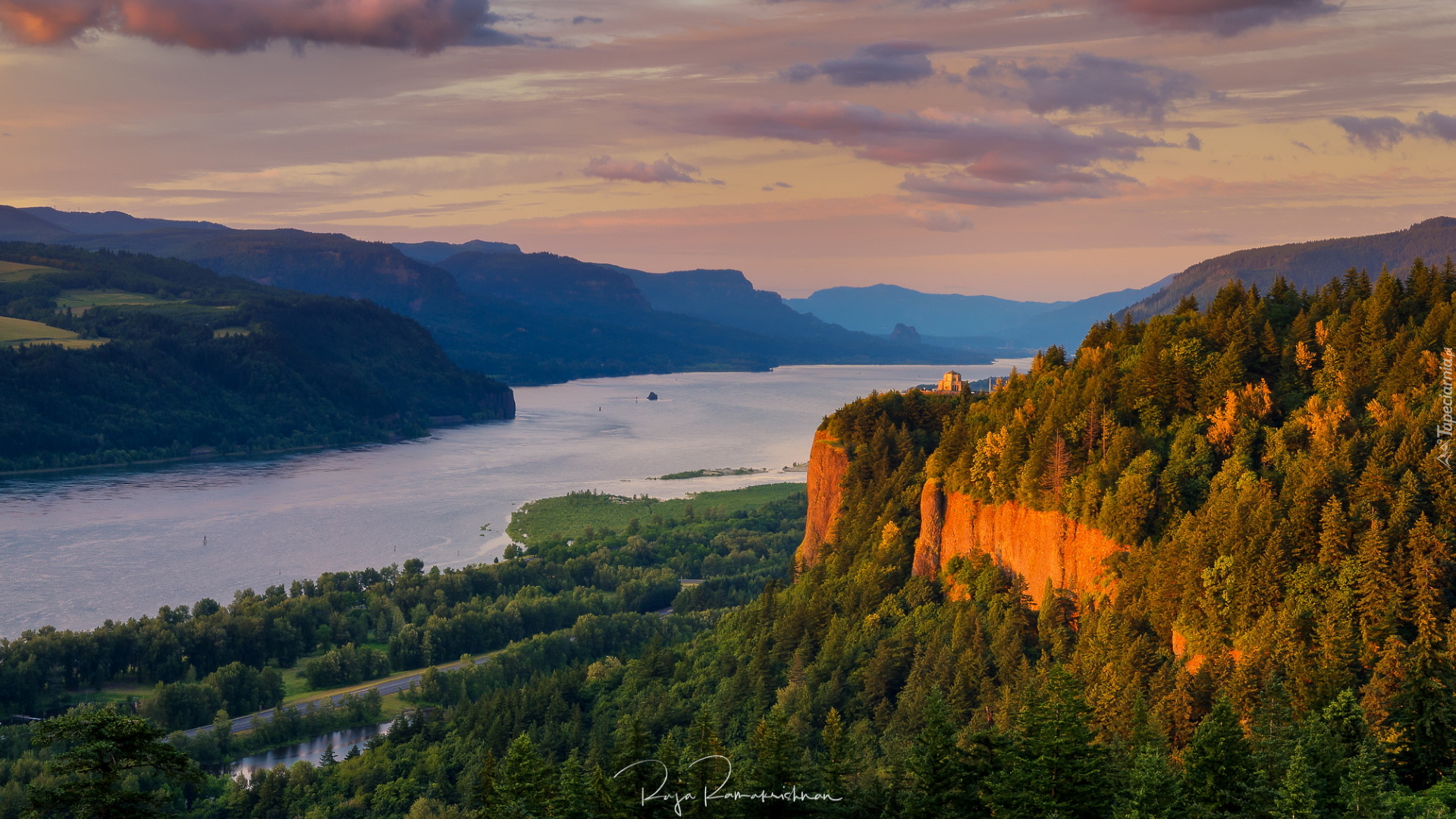 Wąwóz rzeki Kolumbia, Columbia River Gorge, Rzeka, Columbia River, Góry, Lasy, Skały, Stan Oregon, Stany Zjednoczone