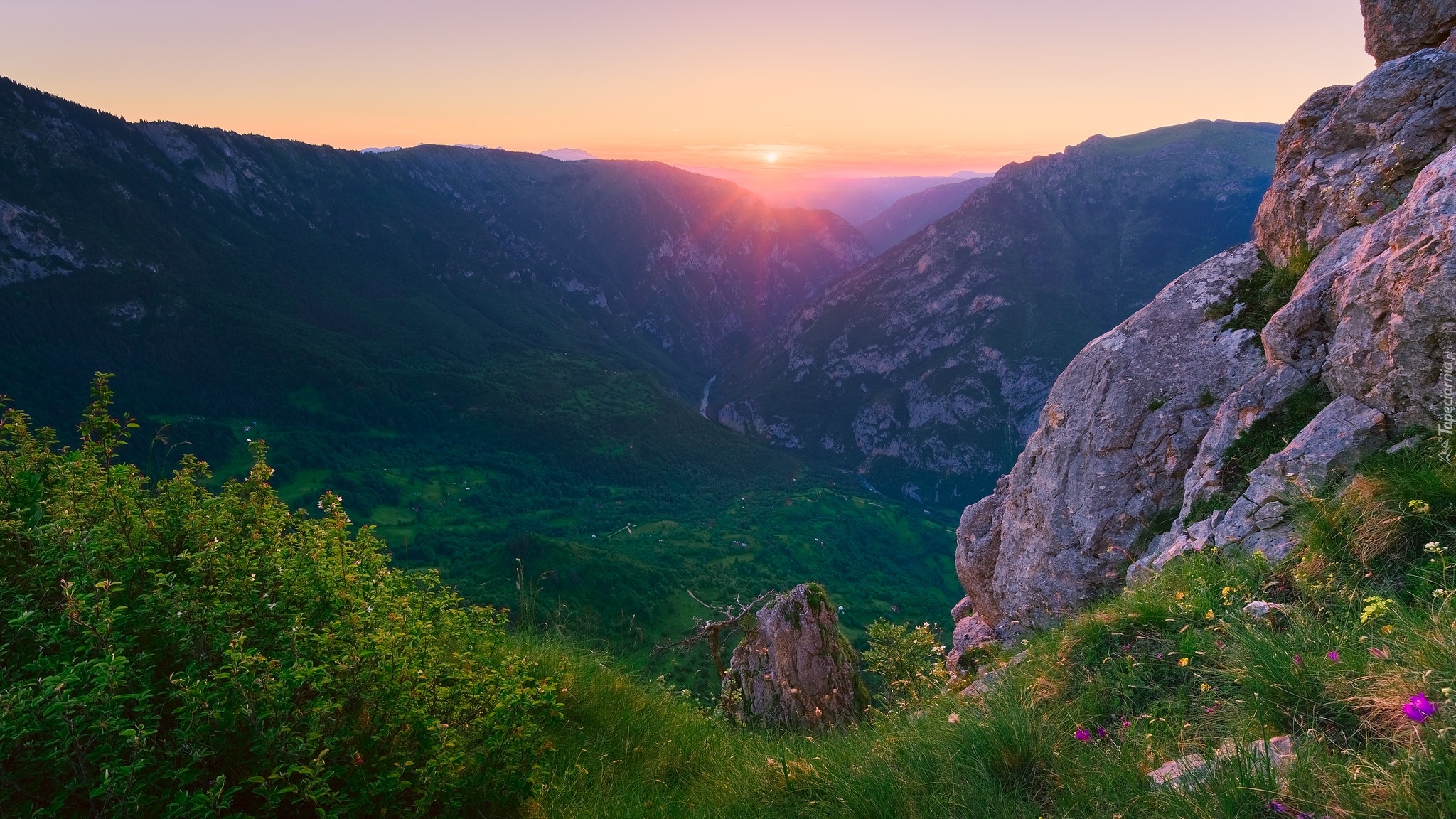 Góry Dynarskie, Skały, Rzeka Tara, Wąwóz, Roślinność, Wschód słońca, Czarnogóra