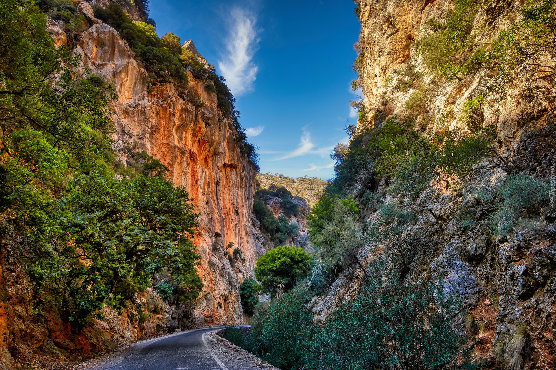 Droga, Skały, Wąwóz Samaria, Drzewa, Kreta, Grecja