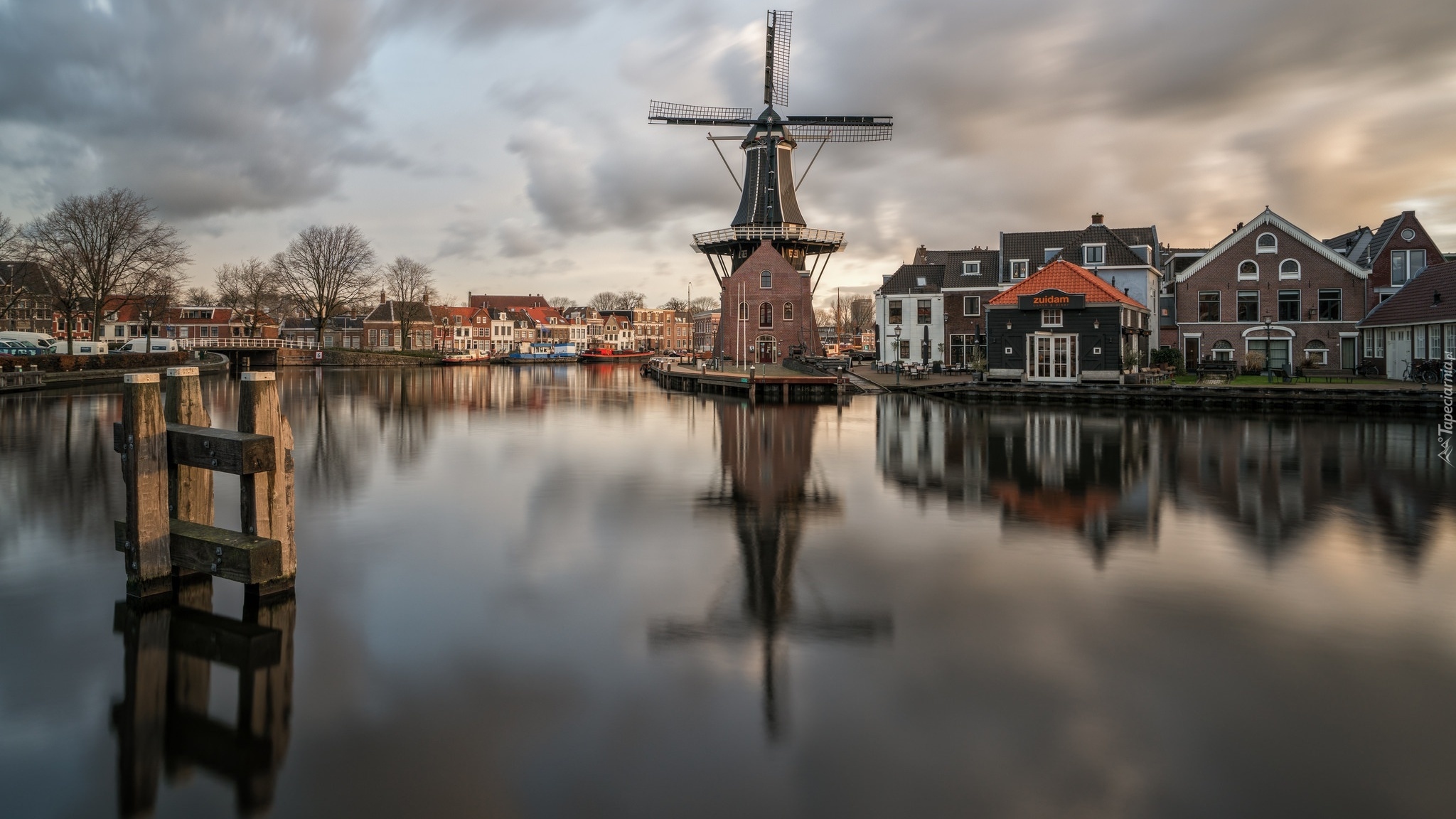 Wiatrak De Adriaan, Rzeka Spaarne, Miasto Haarlem, Holandia, Domy