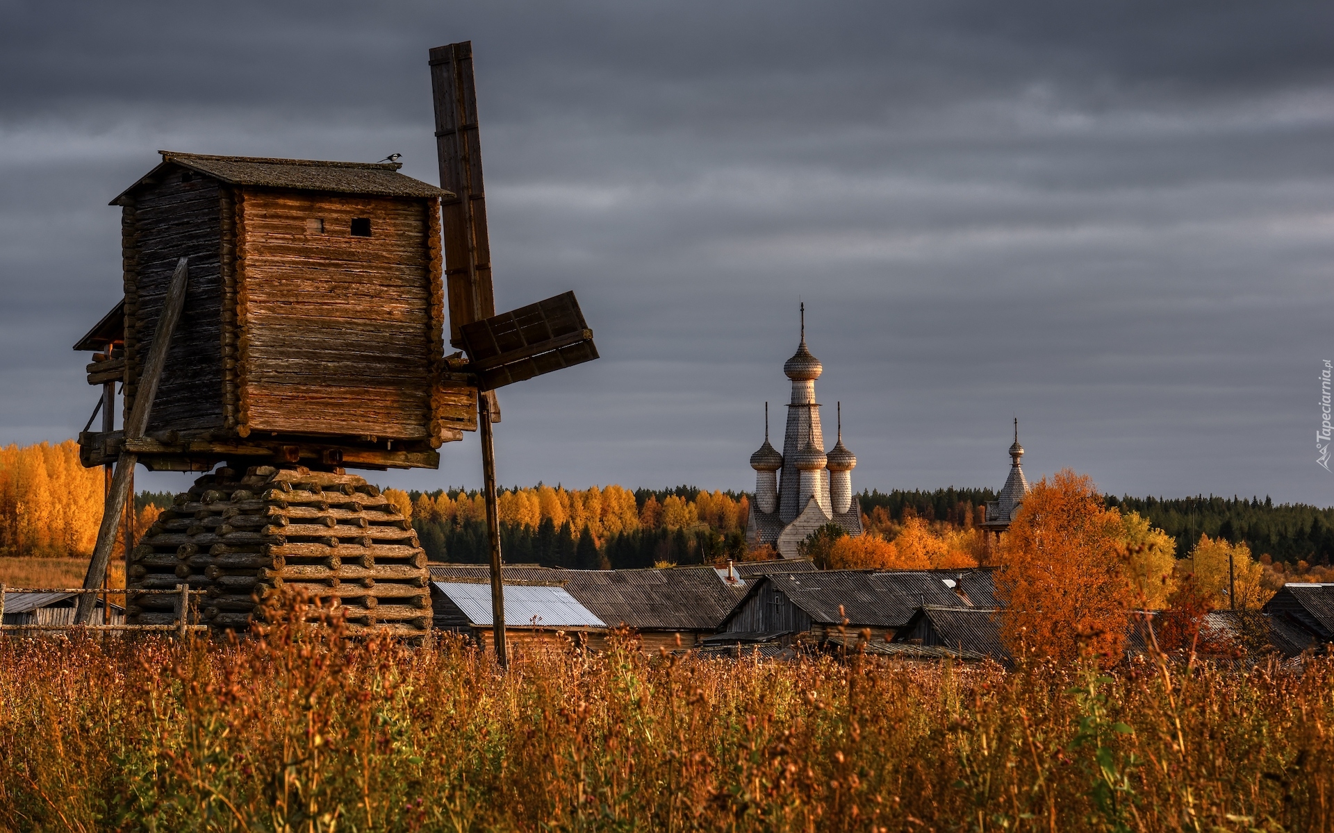 Jesień, Cerkiew, Wiatrak, Wieś Kimzha, Region archangielski, Rosja
