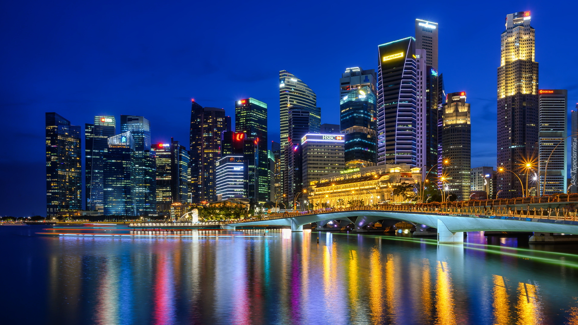 Wieżowce, Oświetlone, Domy, Central Business District, Promenada Esplanade, Noc, Most, Singapur