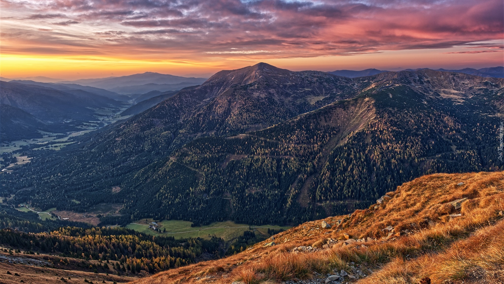 Zachód słońca, Góry, Alpy, Góra Bruderkogel, Doliny, Las, Trawa, Austria