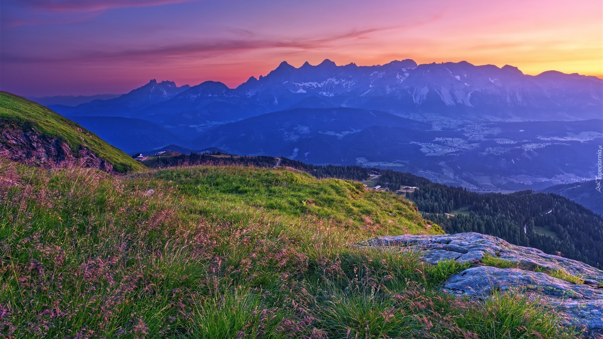 Wschód słońca, Dolina, Góry, Alpy Salzburskie, Masyw Dachstein, Trawa, Austria
