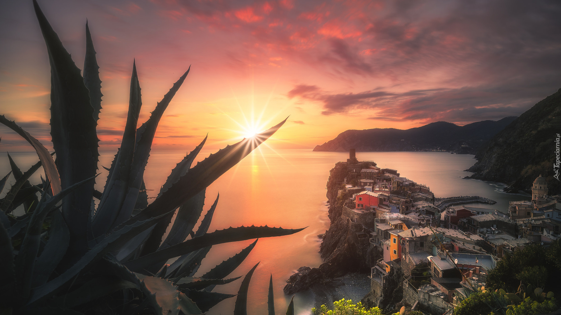 Włochy, Cinque Terre, Vernazza, Morze, Góry, Zachód słońca, Rośliny