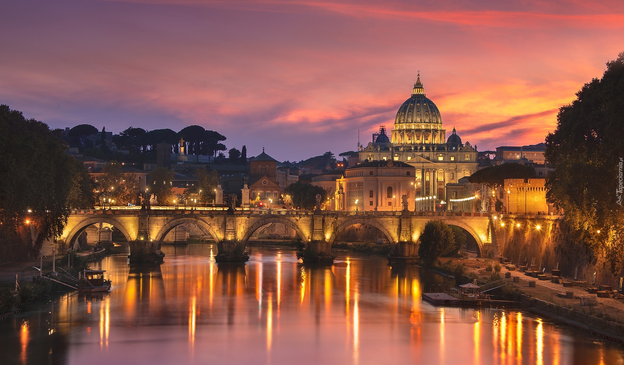 Włochy, Watykan, Rzeka Tyber, Most Ponte Umbert, Bazylika Świętego Piotra, Światła, Zachód słońca