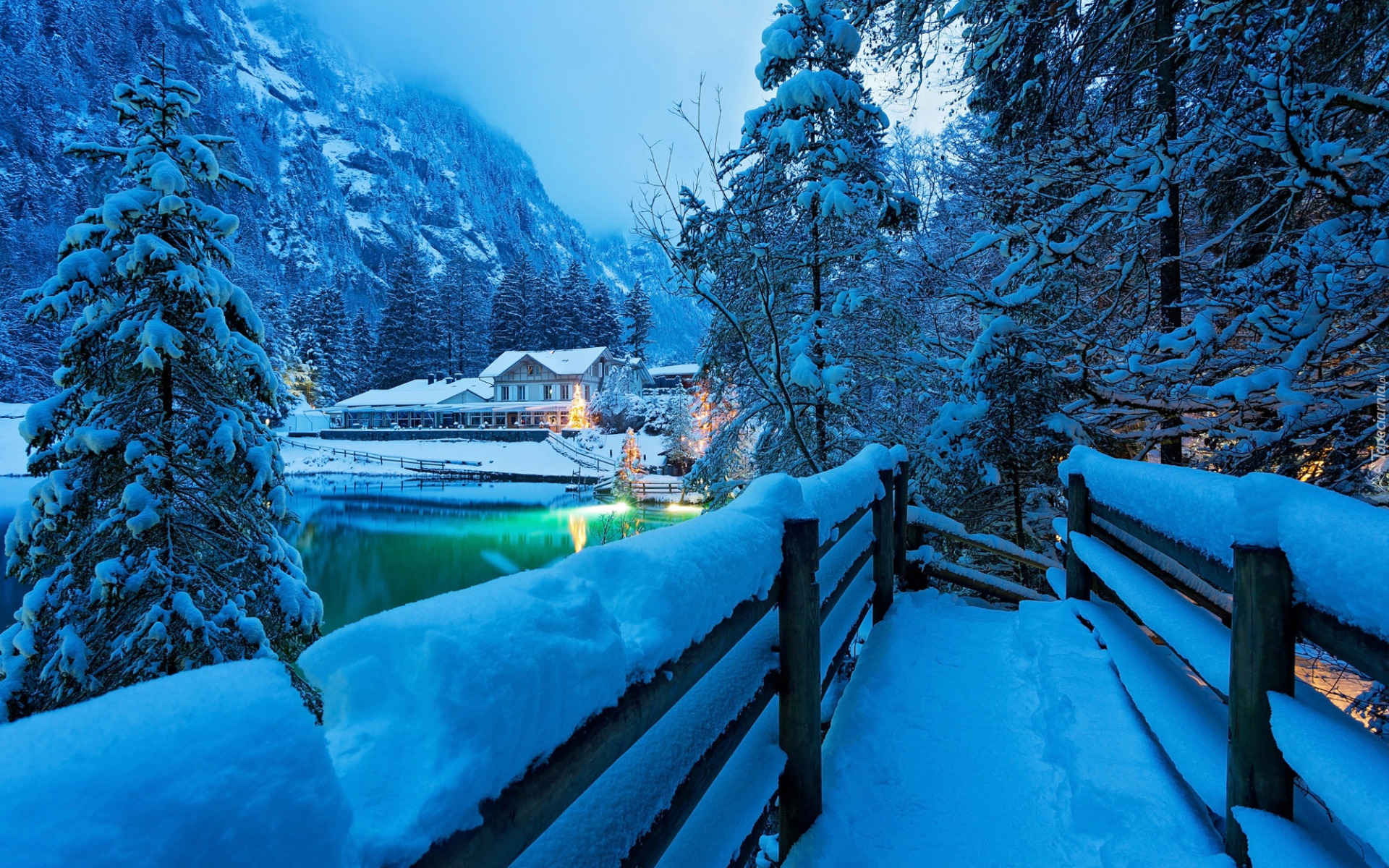 Zima, Góry, Alpy, Lasy, Ośnieżone, Drzewa, Dom, Światła, Wieczór, Jezioro Blausee, Most, Szwajcaria