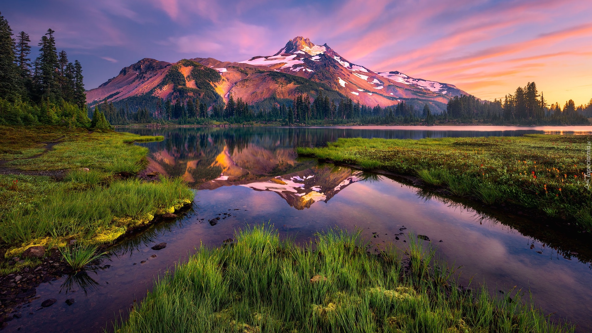 Góra, Stratowulkan, Mount Jefferson, Jezioro, Drzewa, Zachód słońca, Oregon, Stany Zjednoczone