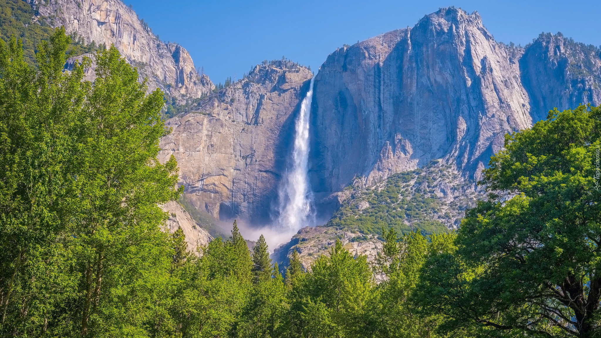 Park Narodowy Yosemite, Kalifornia, Stany Zjednoczone, Góry, Drzewa, Wodospad