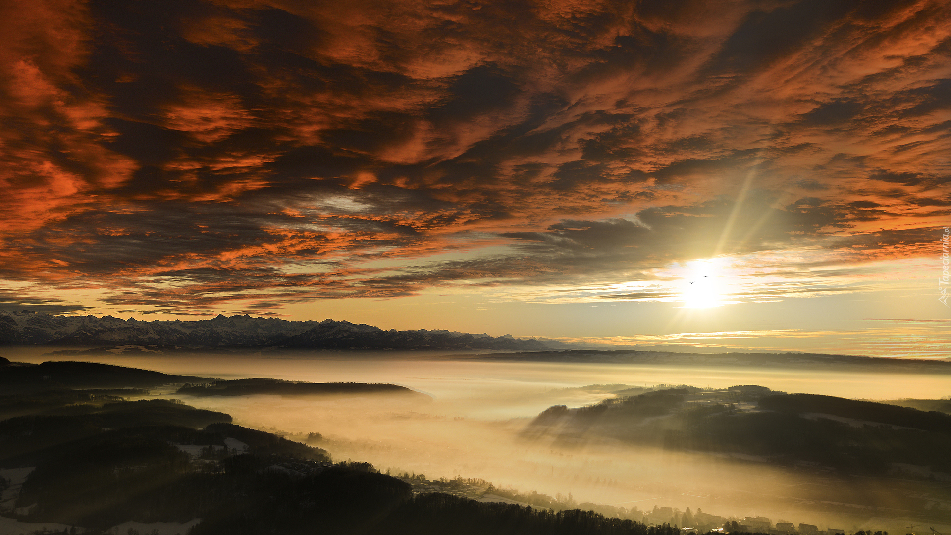 Zachód słońca, Mgła, Chmury, Góra, Uetliberg, Zurych, Szwajcaria