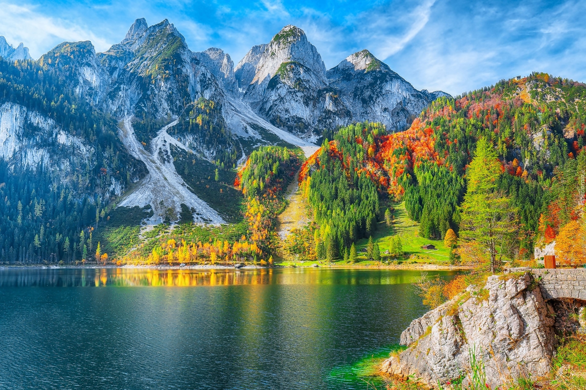 Jezioro, Góry, Drzewa, Jesień, Skała