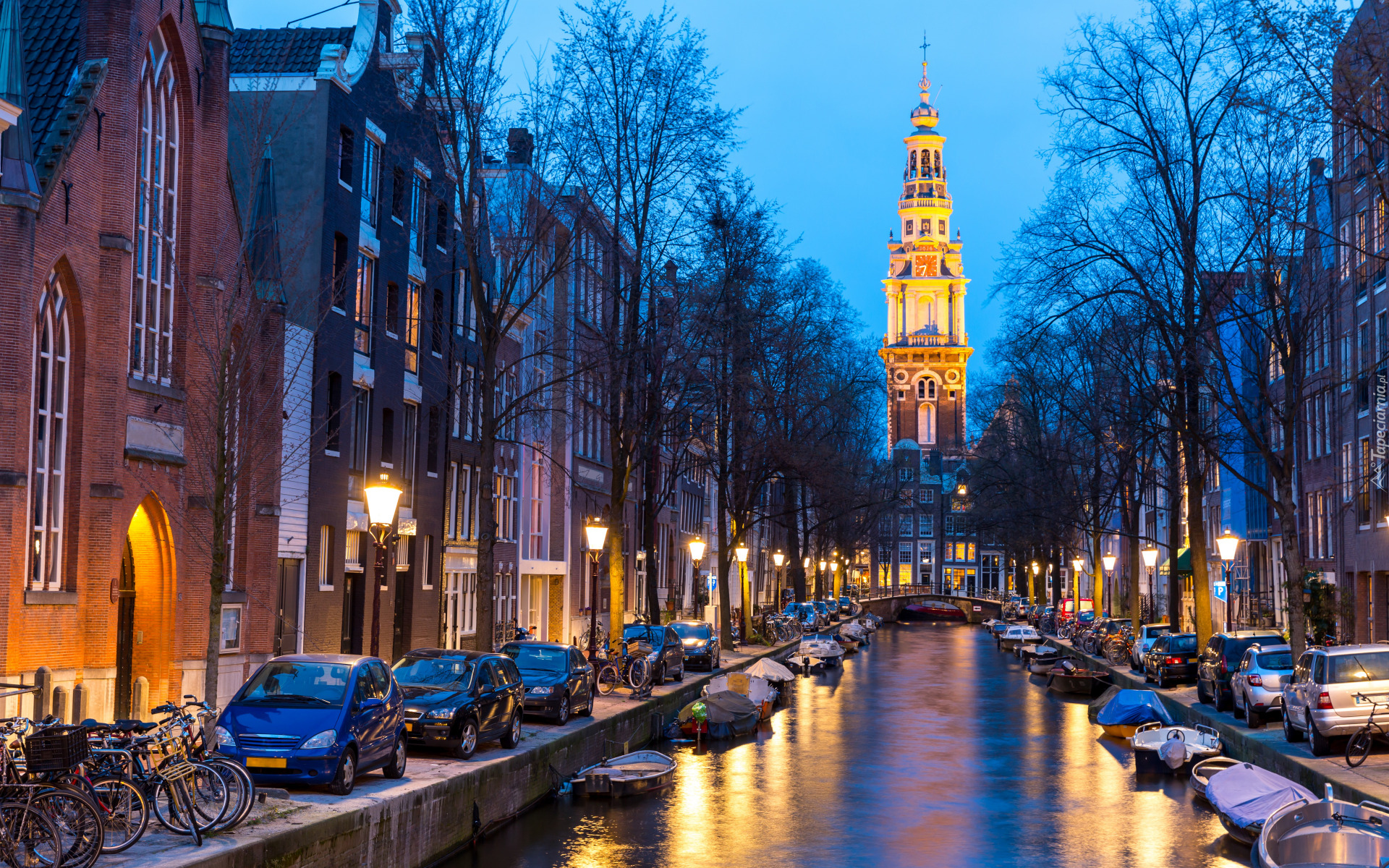 Domy, Kanał, Wieża, Kościół Zuiderkerk, Most, Amsterdam, Holandia