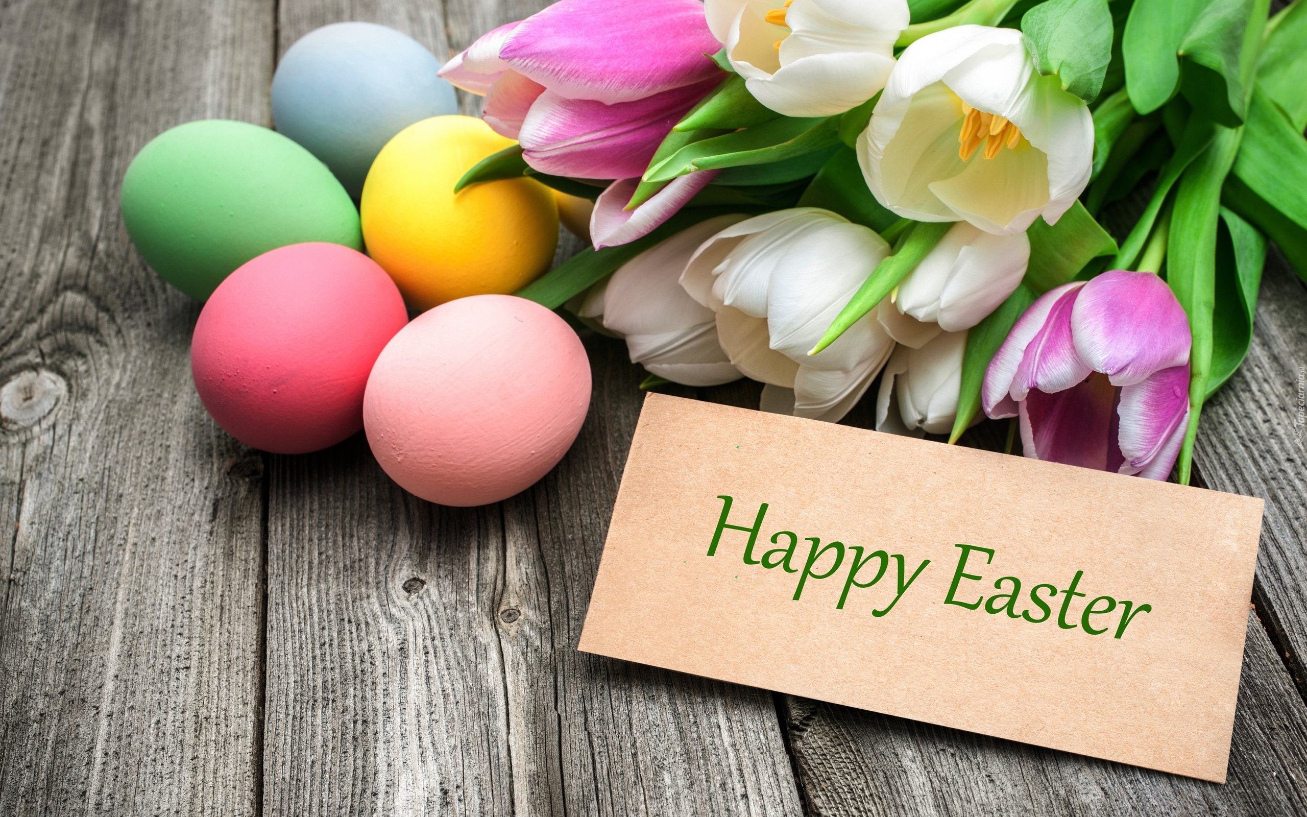 Tulipany, Pisanki, Wielkanoc, Napis, Happy Easter