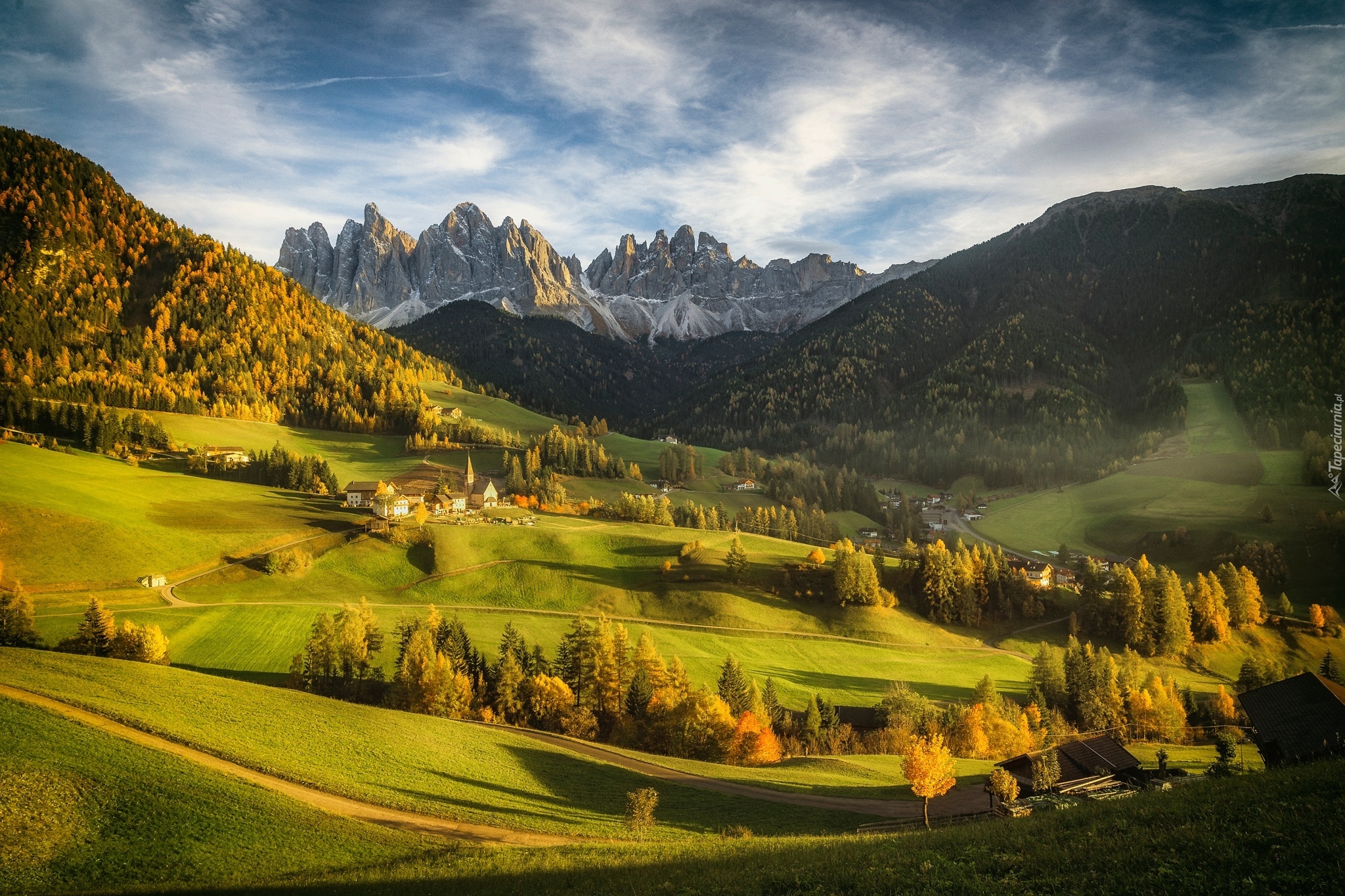 Włochy, Dolomity, Dolina Val di Funes, Wieś Santa Maddalena, Góry, Masyw Odle, Lasy, Drzewa, Jesień