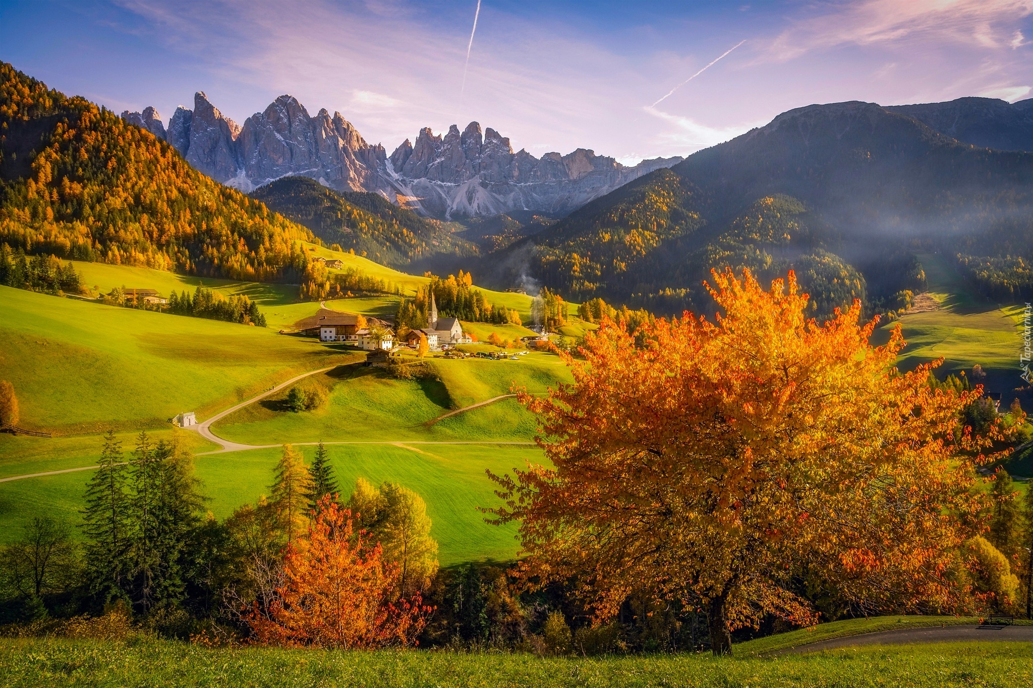 Włochy, Dolomity, Dolina Val di Funes, Wieś Santa Maddalena, Góry, Masyw Odle, Jesień, Lasy, Drzewa, Domy, Kościół