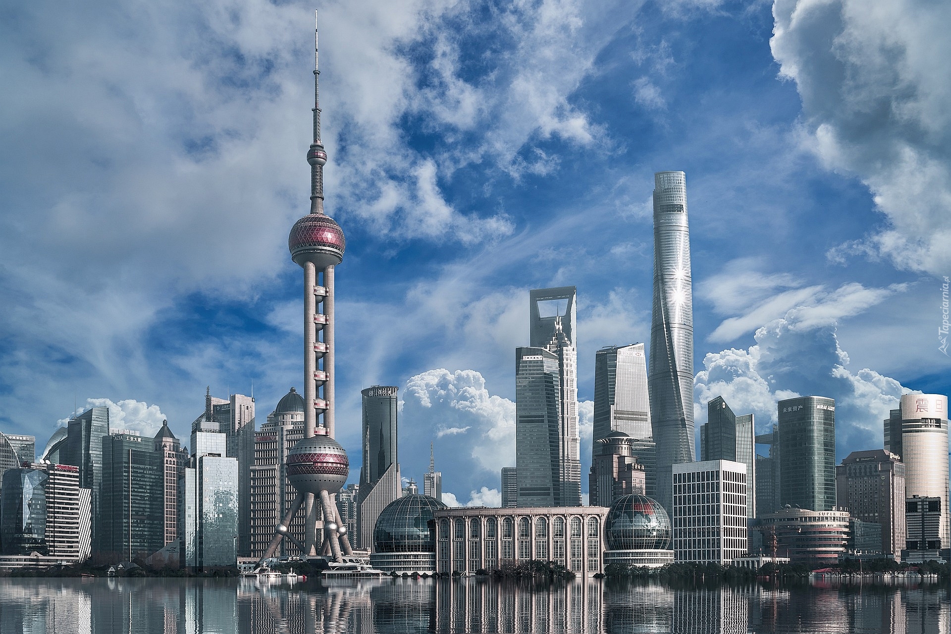 Szanghaj, Wieża Oriental Pearl Tower, Wieżowce, Budynki, Odbicie, Dzielnica Pudong, Chiny