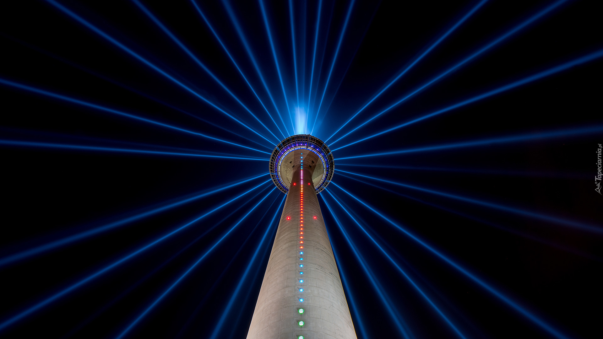 Niemcy, Dusseldorf, Wieża Rheinturm, Wieża telewizyjna, Noc, Światła