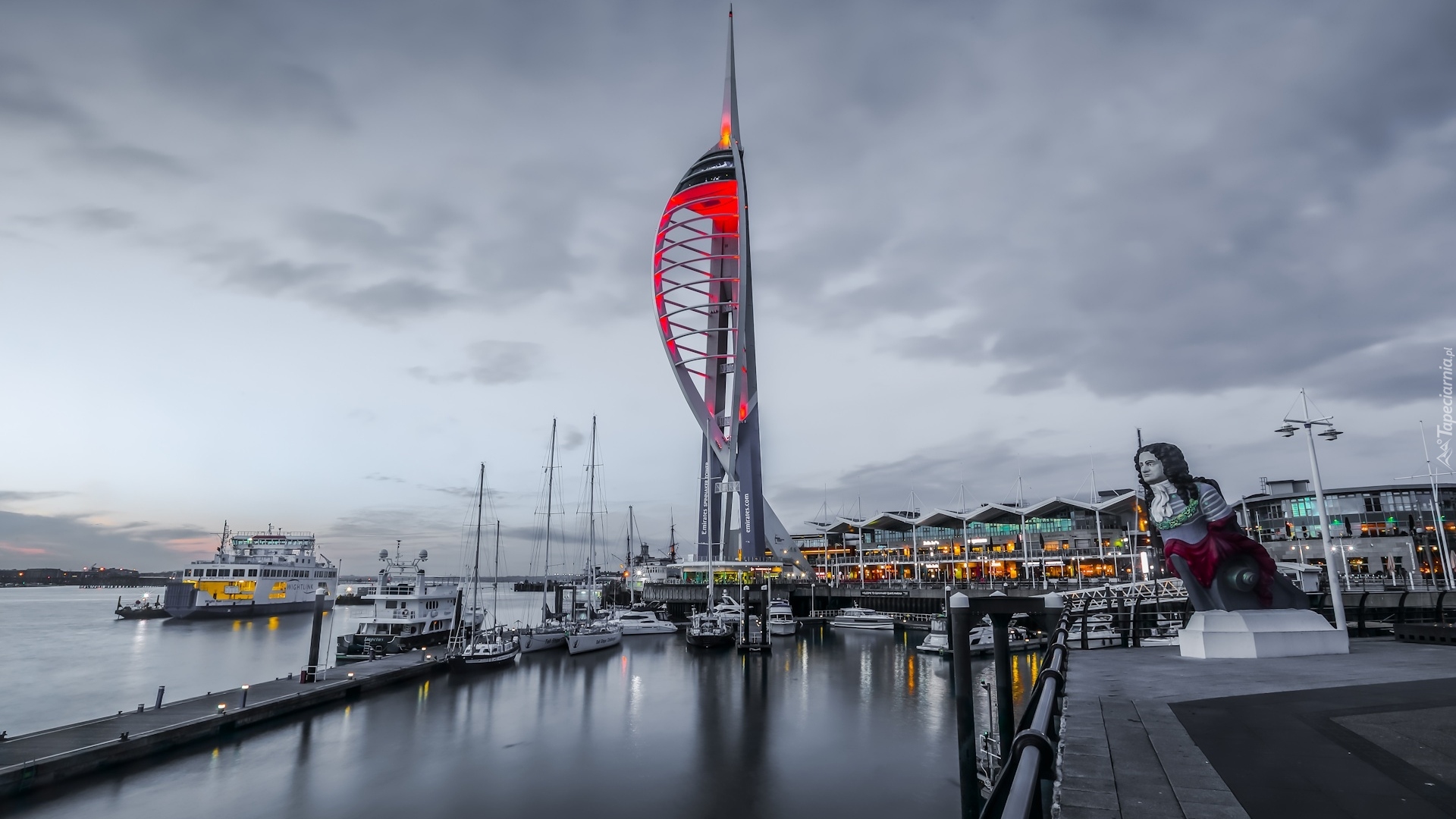 Wieża widokowa, Spinnaker Tower, Port, Statki, Motorówki, Portsmouth, Hrabstwo Hampshire, Anglia