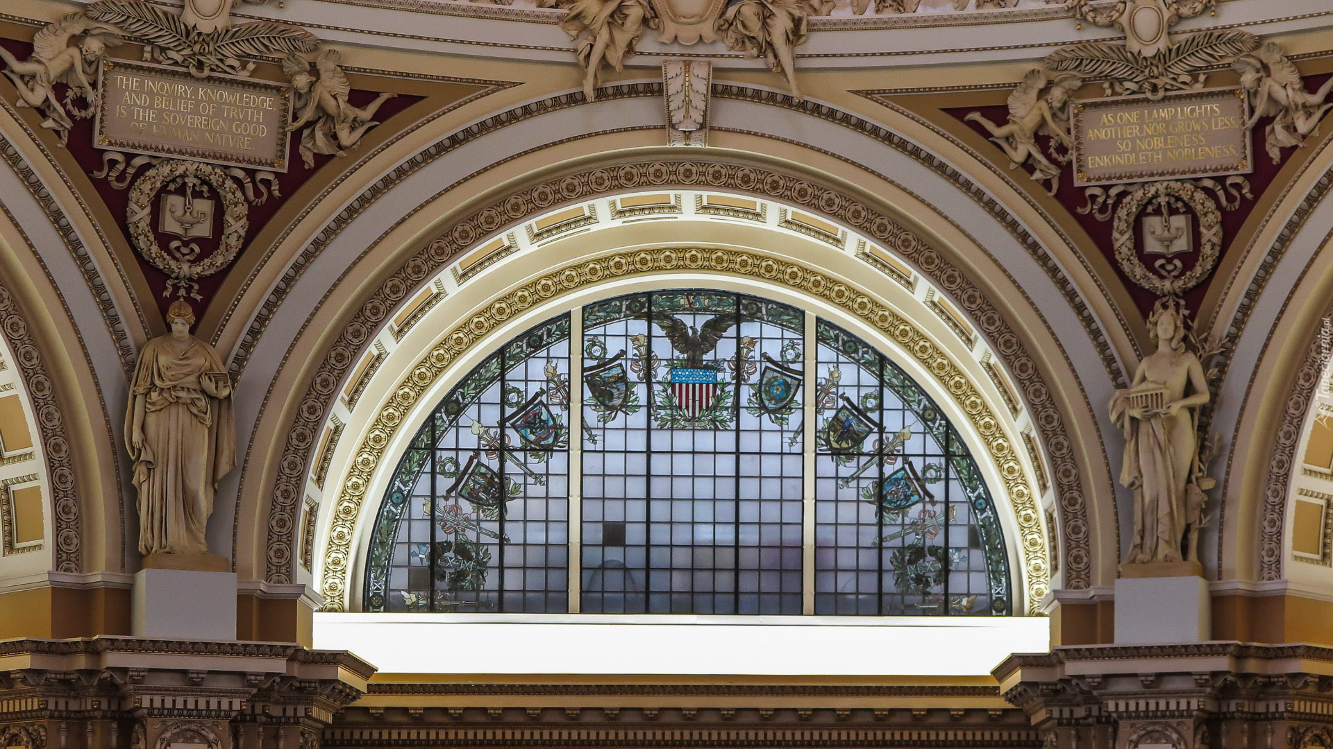 Okno, Witraż, Posągi, Czytelnia, Biblioteka Kongresu, Library of Congress, Waszyngton, Stany Zjednoczpne