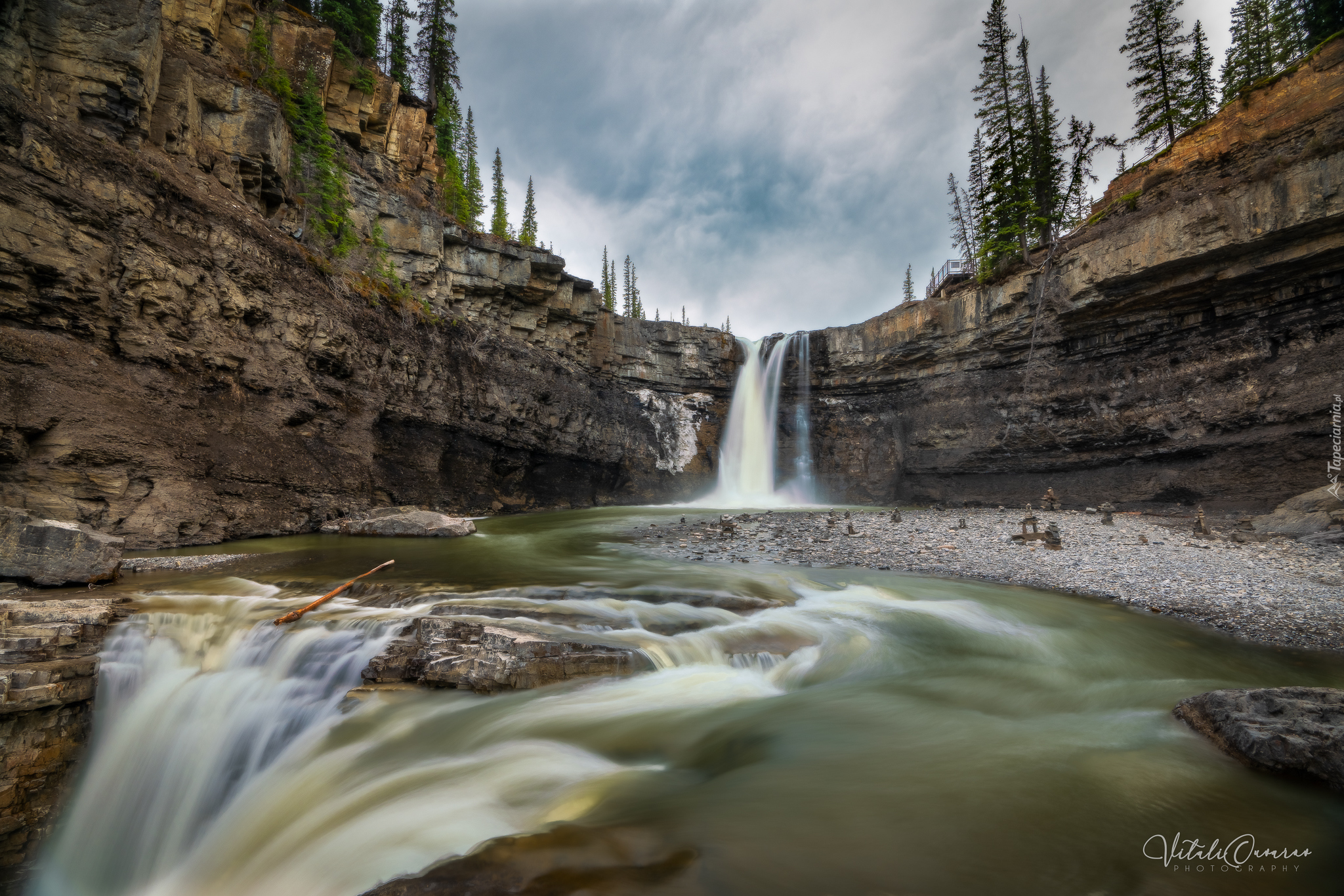 Wodospad, Crescent Falls, Skały, Rzeka, Drzewa, Nordegg, Hrabstwo Clearwater, Kanada