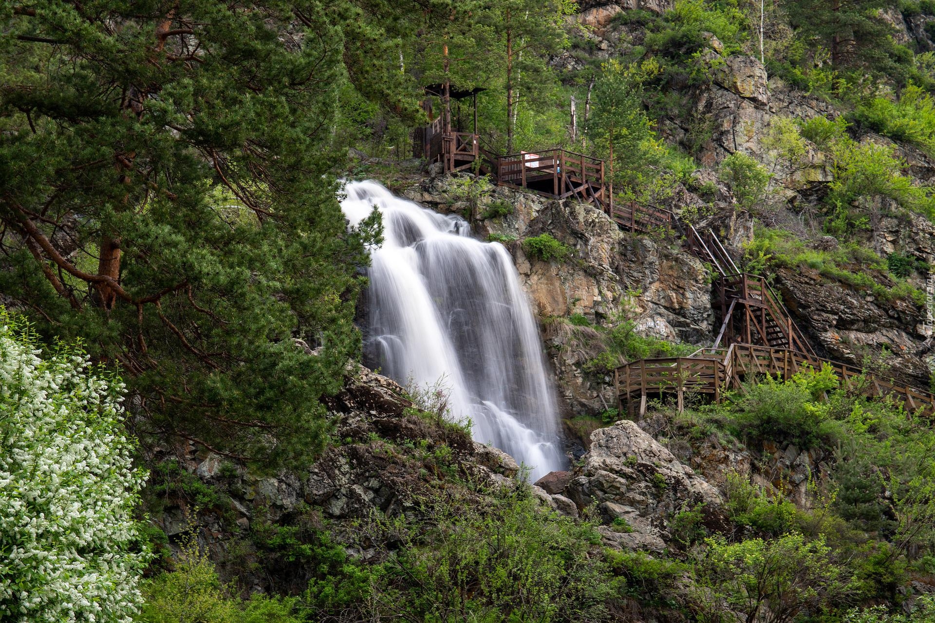 Wodospad, Kamyshlinsky Waterfall, Skały, Drzewa, Schody, Skały, Ałtaj, Rosja