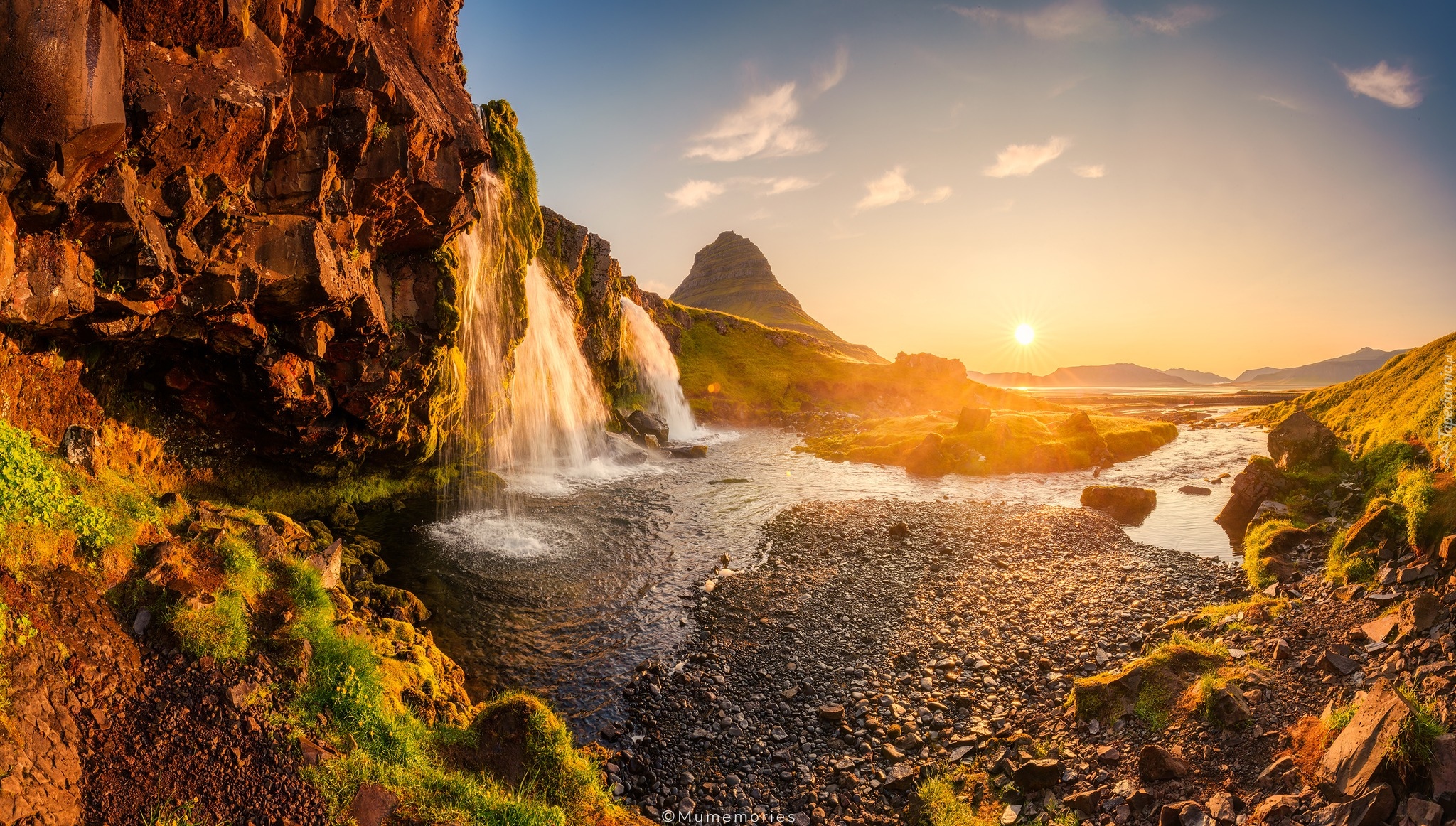 Islandia, Wodospad, Kirkjufell, Skały, Wschód słońca