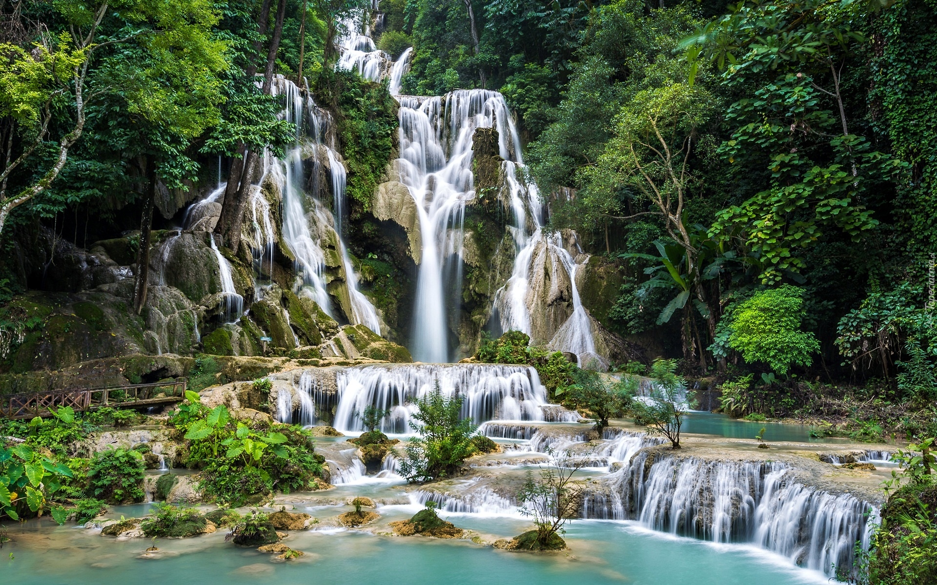 Wodospad Kuang Si, Drzewa, Kaskada, Prowincja Louangphrabang, Laos
