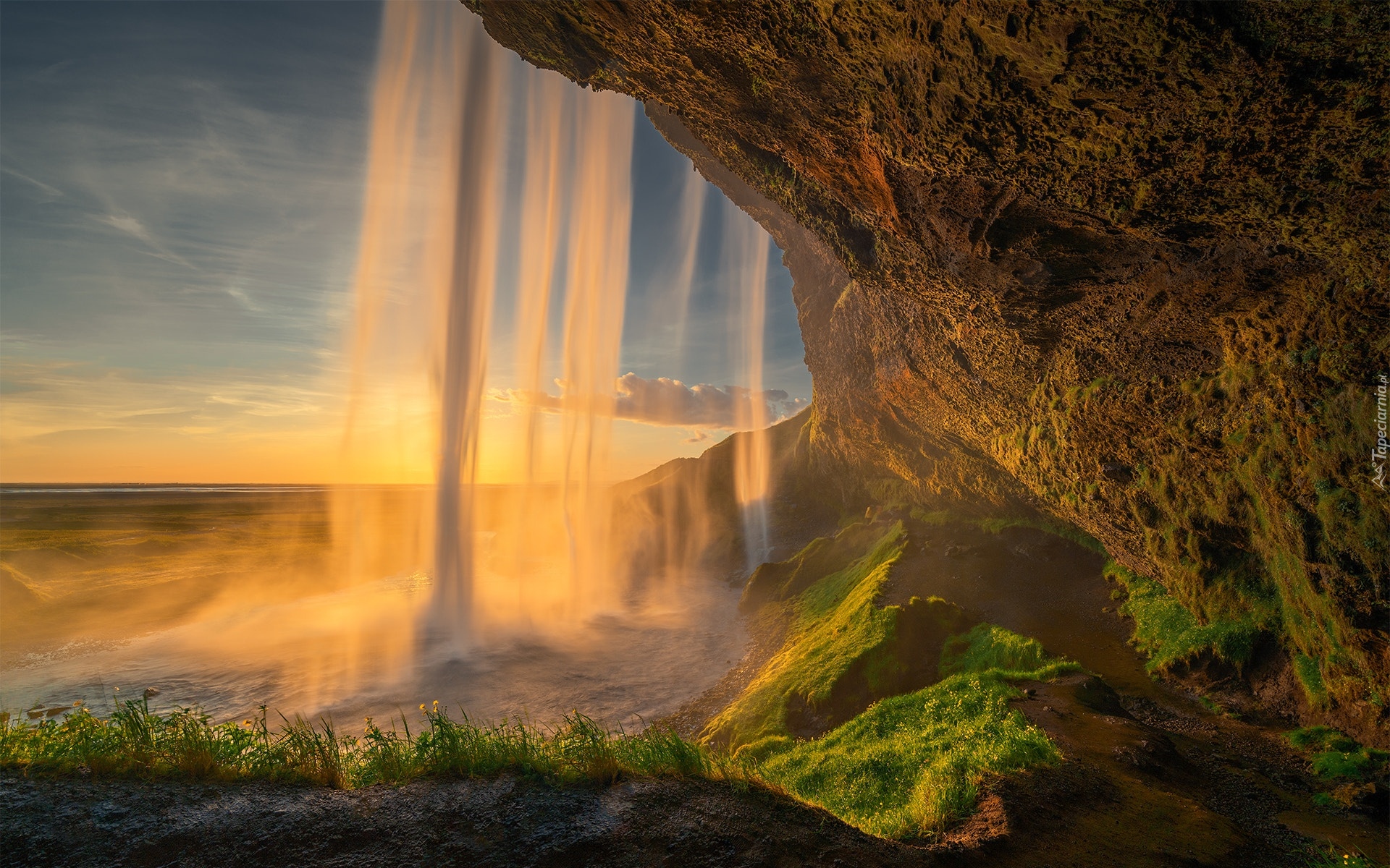 Islandia, Skały, Rozświetlony, Wodospad Seljalandsfoss, Promienie słońca