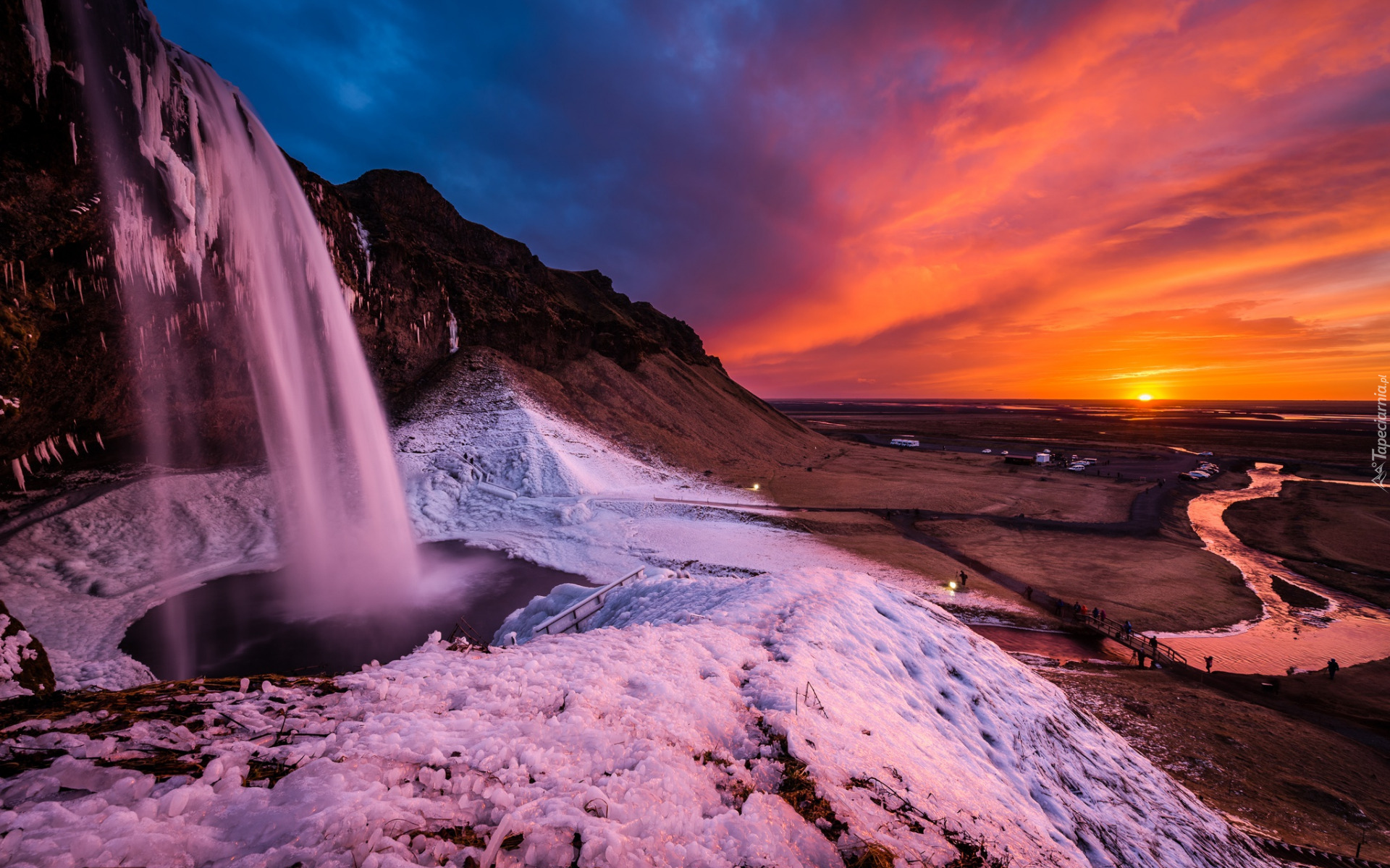 Zima, Zachód słońca, Skały, Wodospad, Seljalandsfoss, Islandia