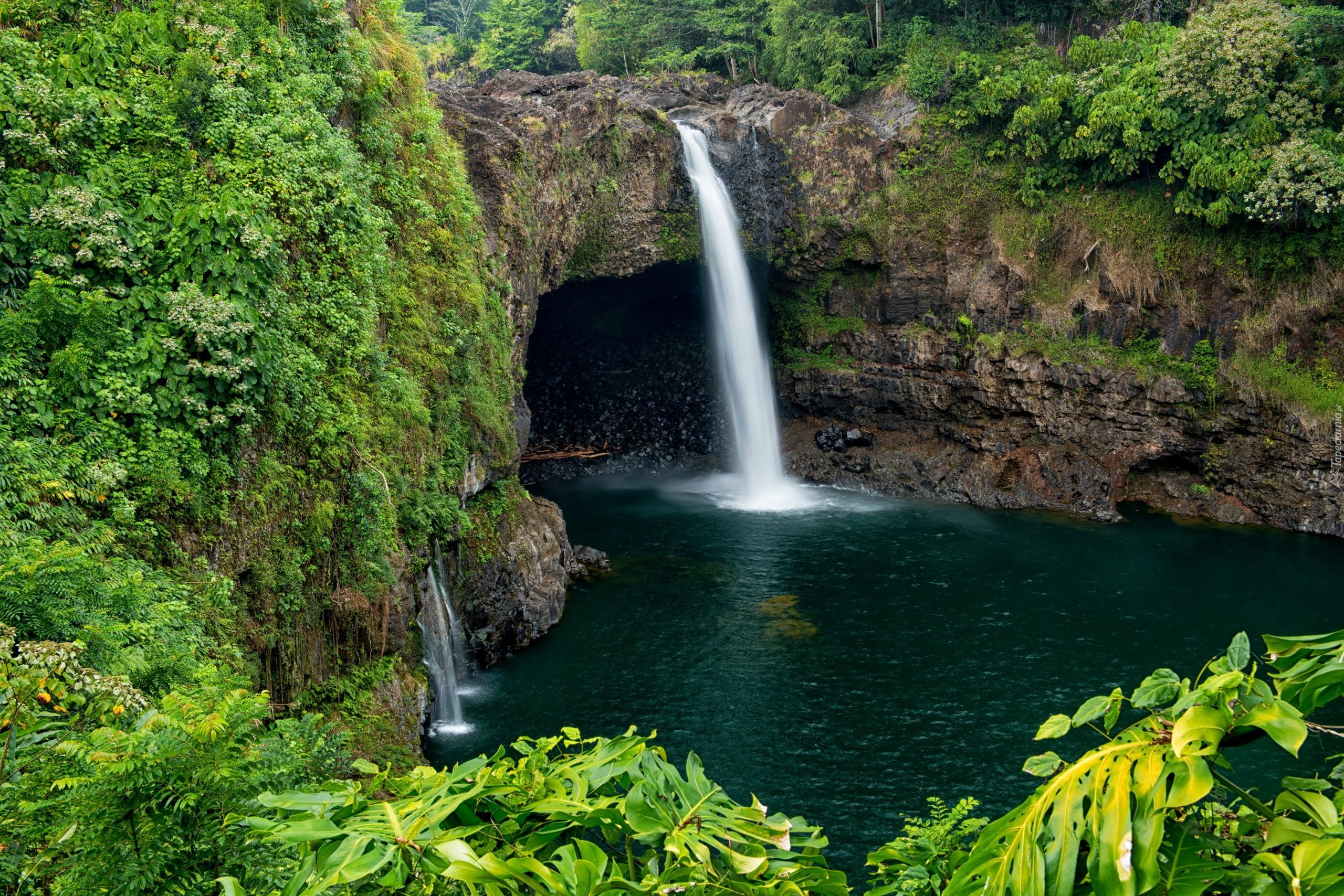 Hawaje, Wodospad Rainbow, Park Wailuku River, Skały, Zarośla, Rośliny, Rzeka