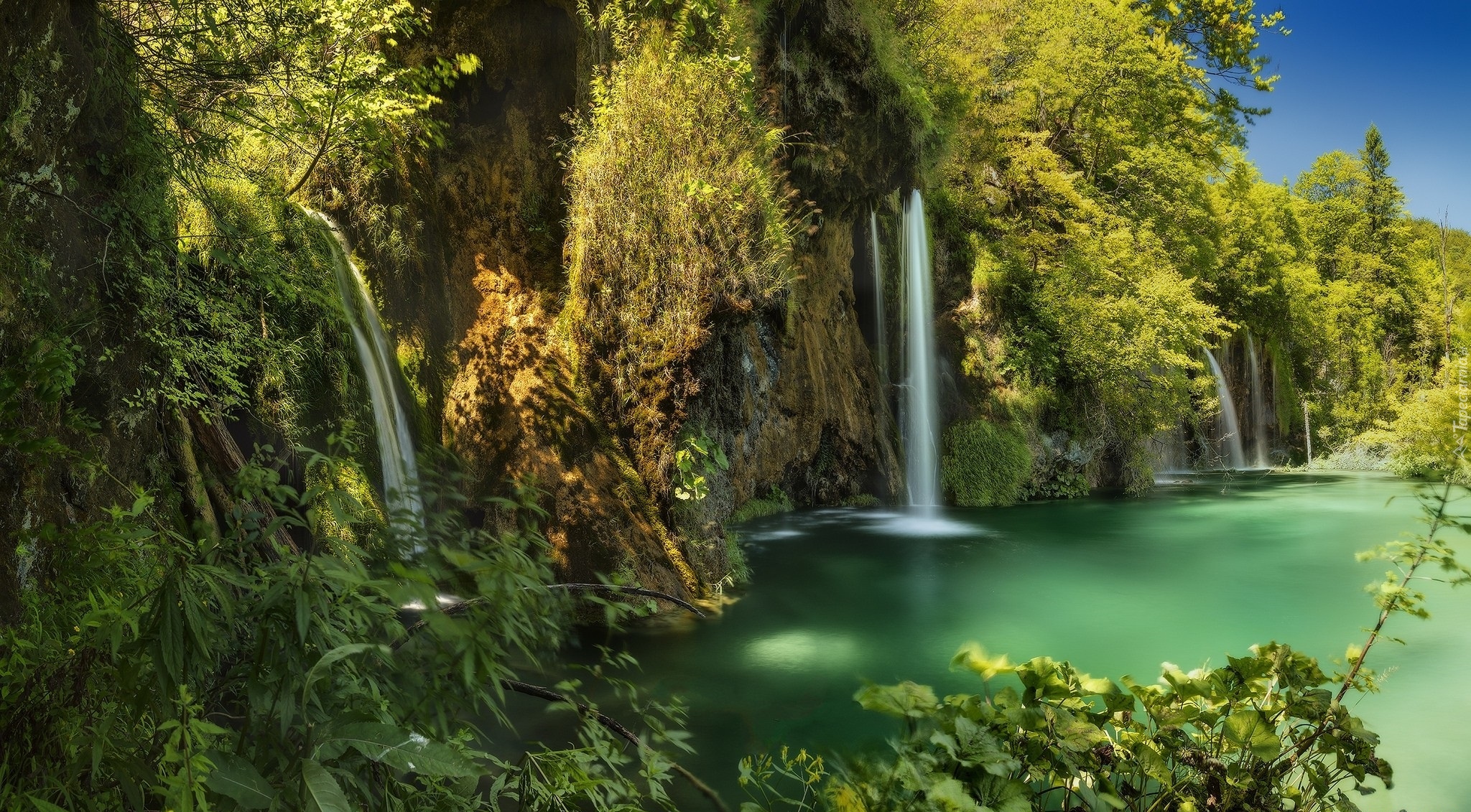Chorwacja, Plitvice, Park Narodowy Jezior Plitwickich, Wodospad, Jezioro, Rośliny