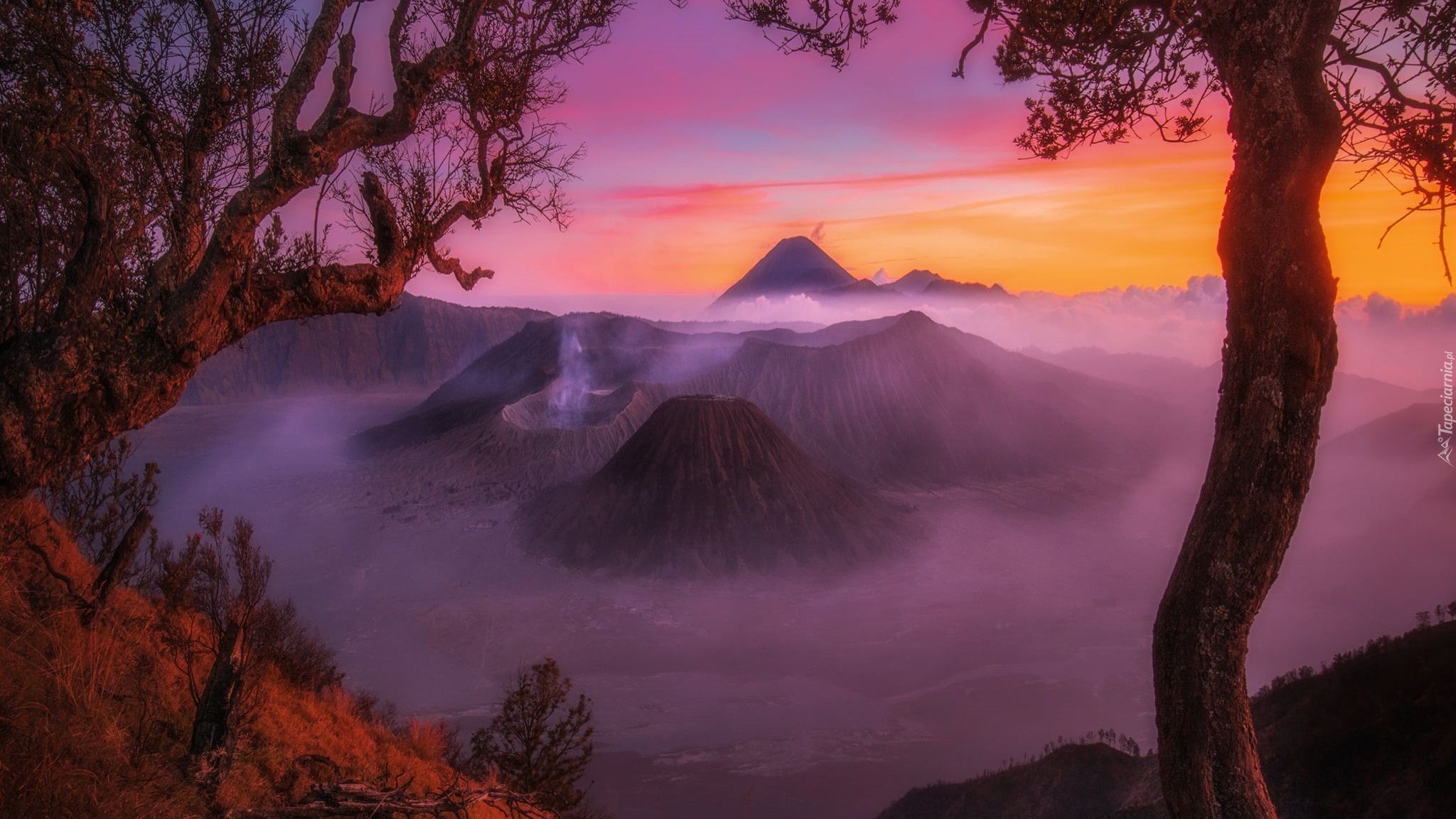 Góry, Wulkany, Mount Bromo, Wyspa Jawa, Indonezja, Zachód słońca