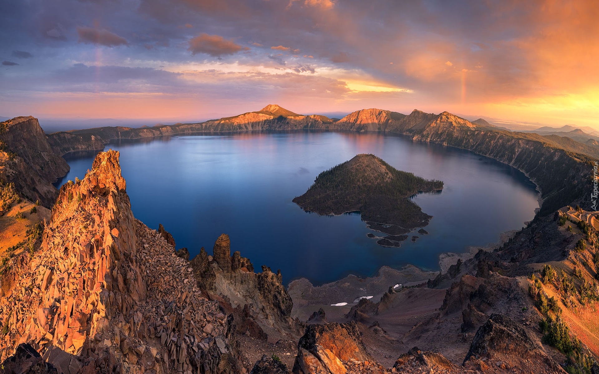 Park Narodowy Jeziora Kraterowego, Góry, Jezioro Kraterowe, Wyspa Czarodzieja, Chmury, Stan Oregon, Stany Zjednoczone