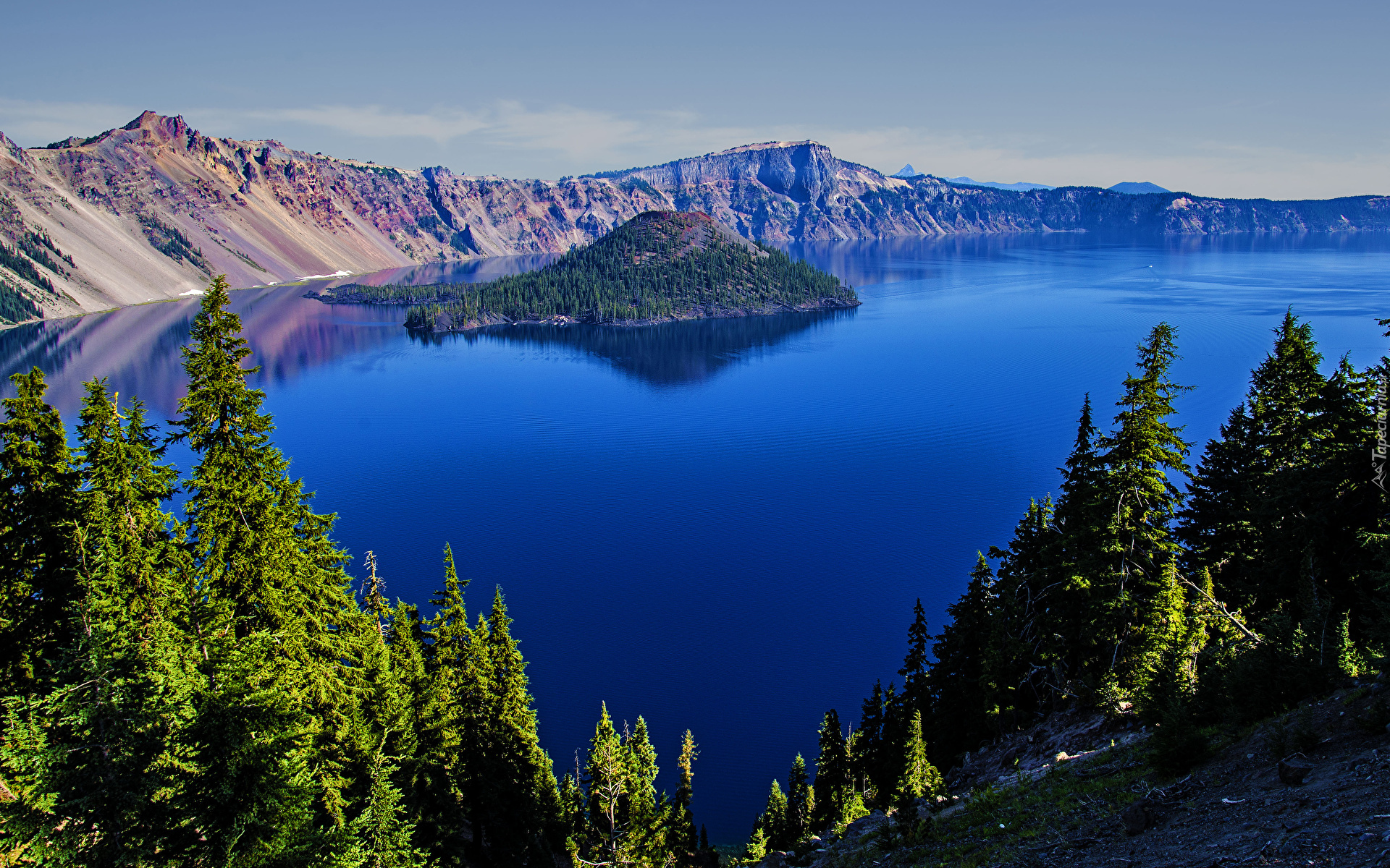 Jezioro Kraterowe, Wyspa Czarodzieja, Góry, Drzewa, Park Narodowy Jeziora Kraterowego, Oregon, Stany Zjednoczone