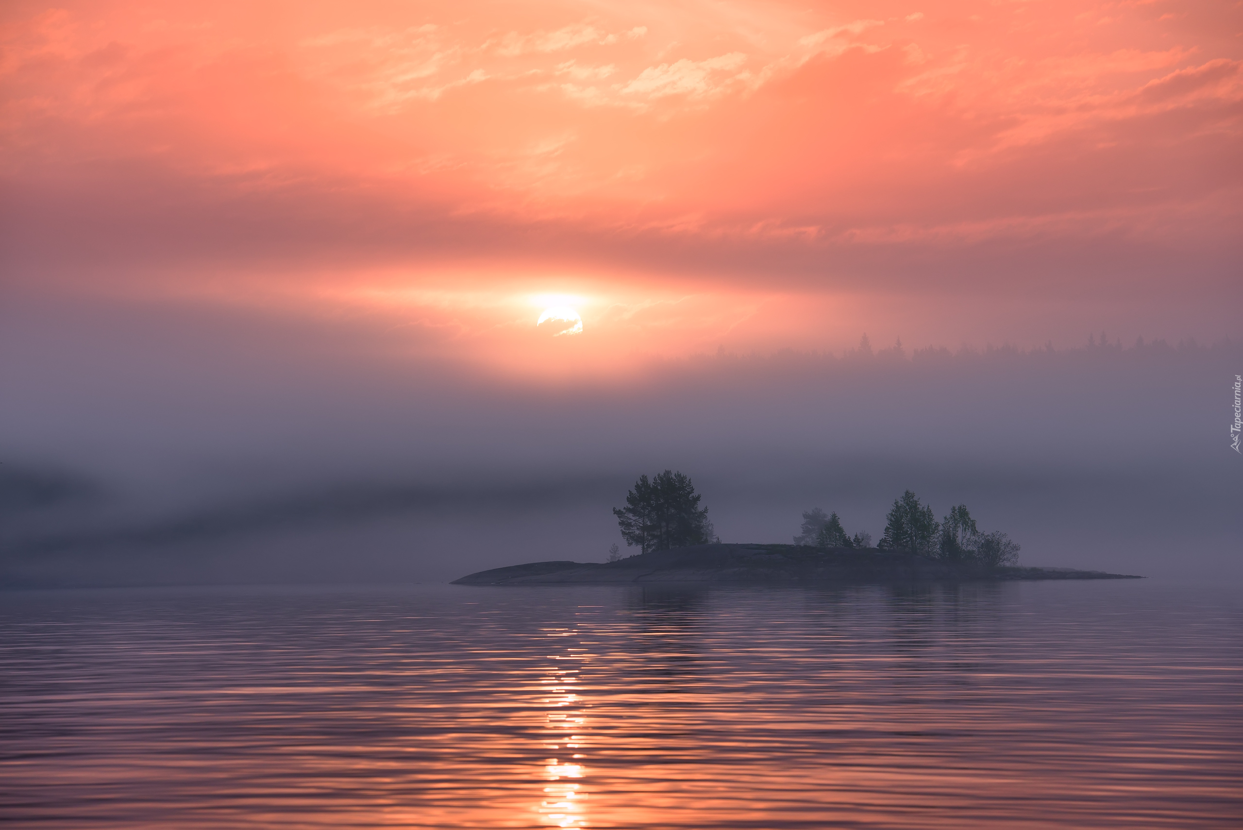 Jezioro Ładoga, Wyspa, Zachód słońca, Drzewa, Karelia, Rosja