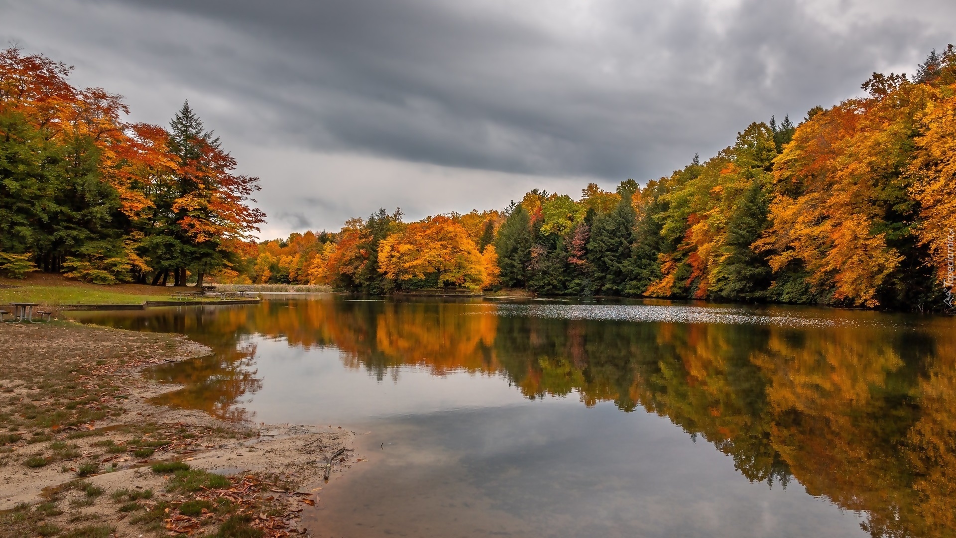 Jesień, Jezioro, Kolorowe, Drzewa, Odbicie, Chmury