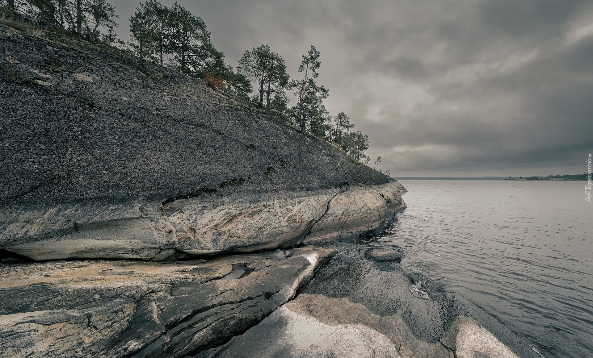 Skały, Drzewa, Jezioro Ładoga, Rosja