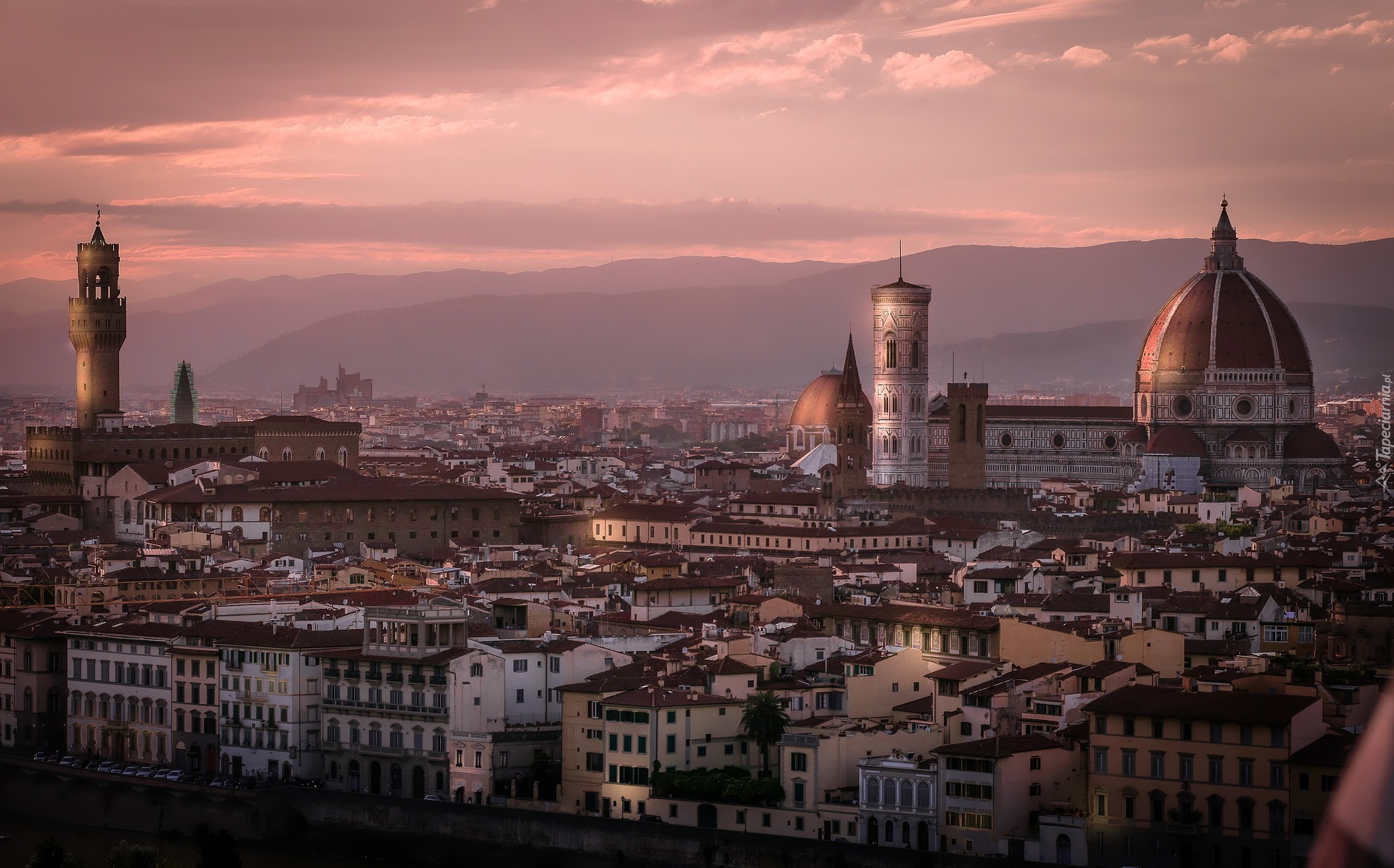 Miasto, Florencja, Domy, Kopuła, Santa Maria del Fiore, Katedra Matki Boskiej Kwietnej, Dzwonnica Giotta, Zachód słońca, Włochy
