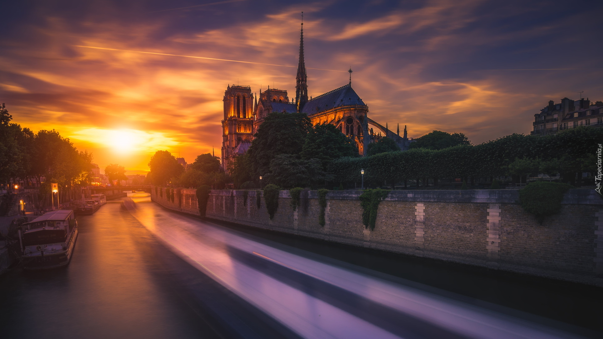 Katedra Notre Dame, Rzeka Sekwana, Zachód słońca, Paryż, Francja