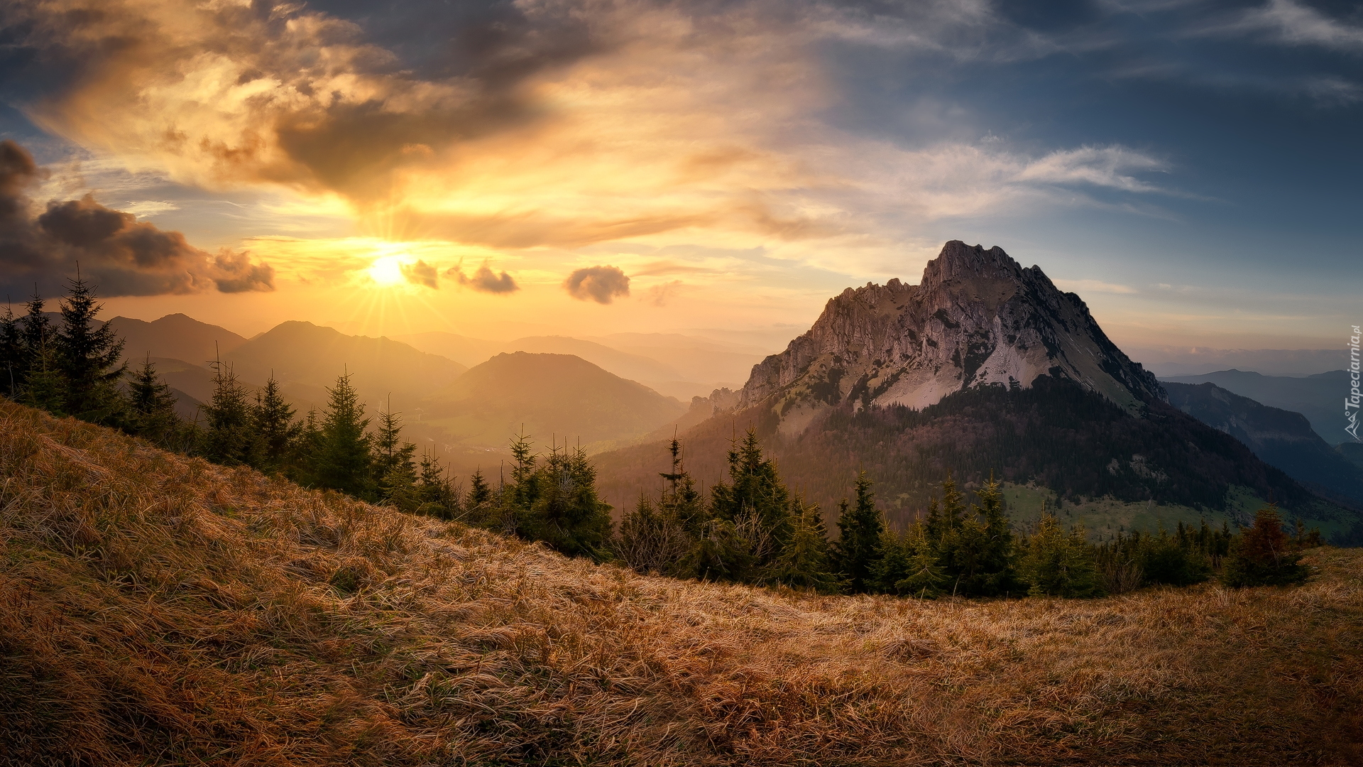 Góry, Mała Fatra, Karpaty, Zachód słońca, Drzewa, Słowacja