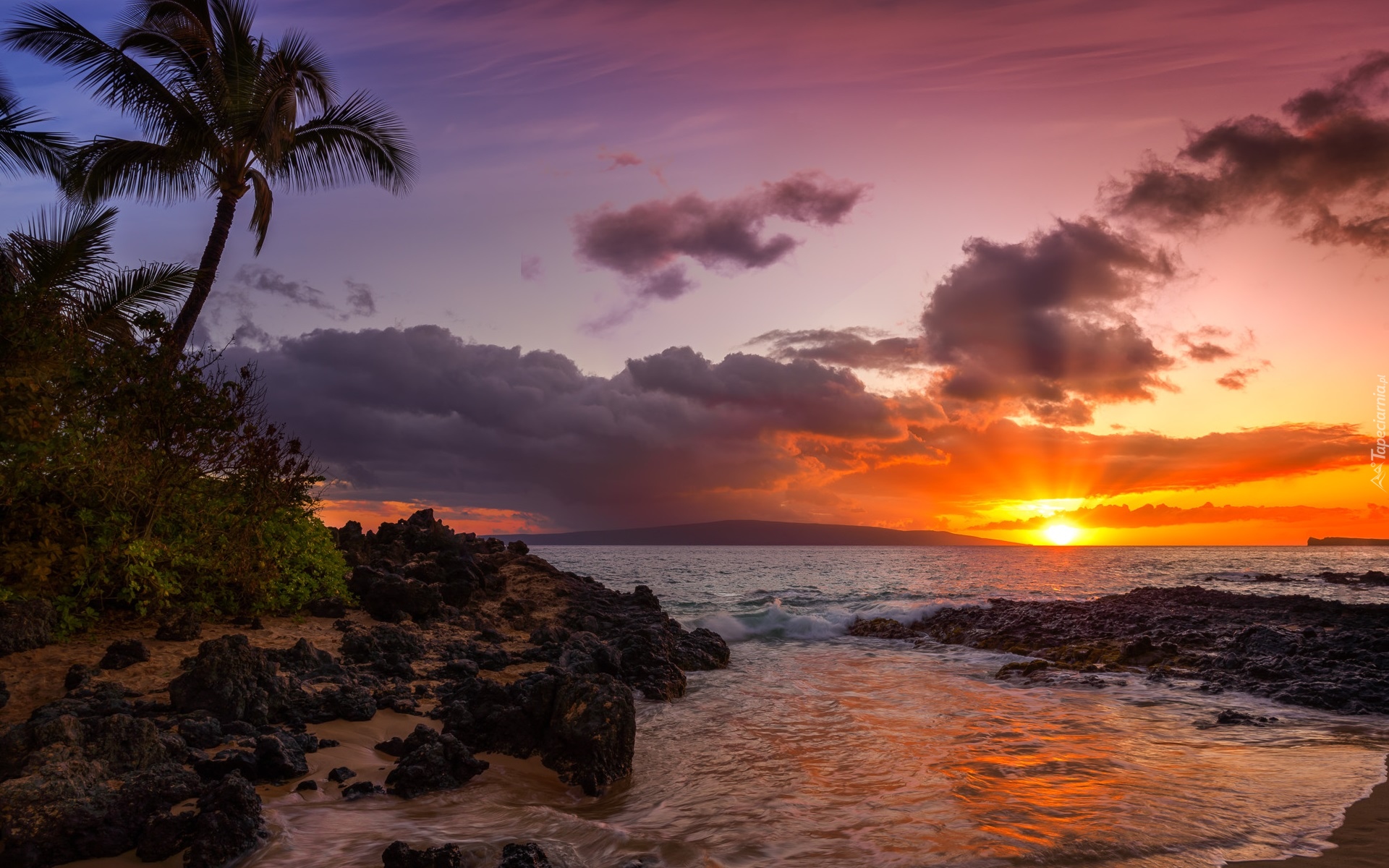 Hawaje, Wyspa Maui, Morze, Skały, Palmy, Zachód słońca, Chmury