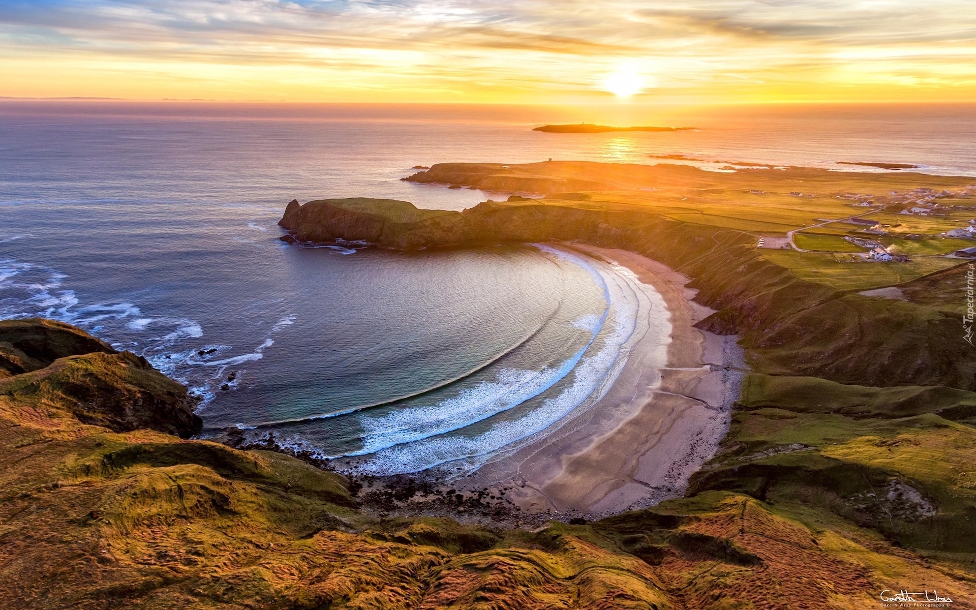 Morze, Wybrzeże, Zachód słońca, Zatoka, Plaża, Silver Strand Horseshoe Beach, Malin Beg, Hrabstwo Donegal, Irlandia